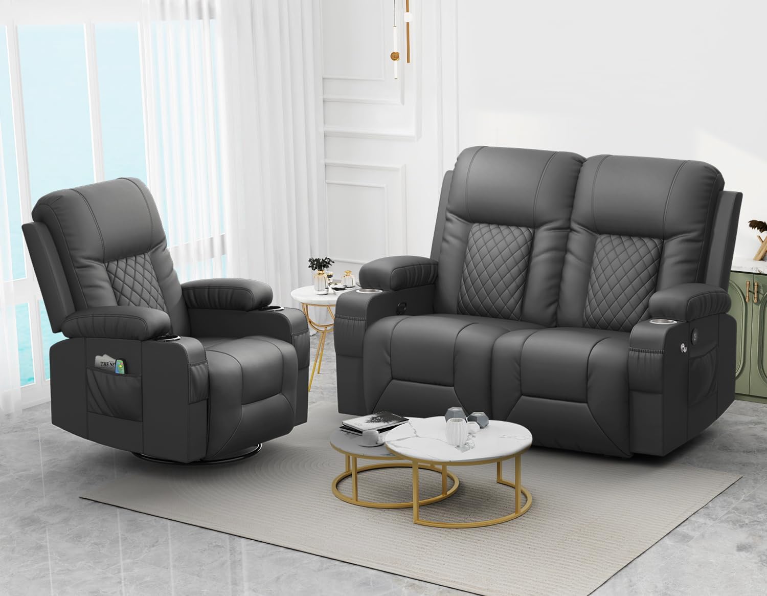 FURNIMAT Loveseat Recliner Sofa 2 Seater PU Leather Couch with USB Cup Holders