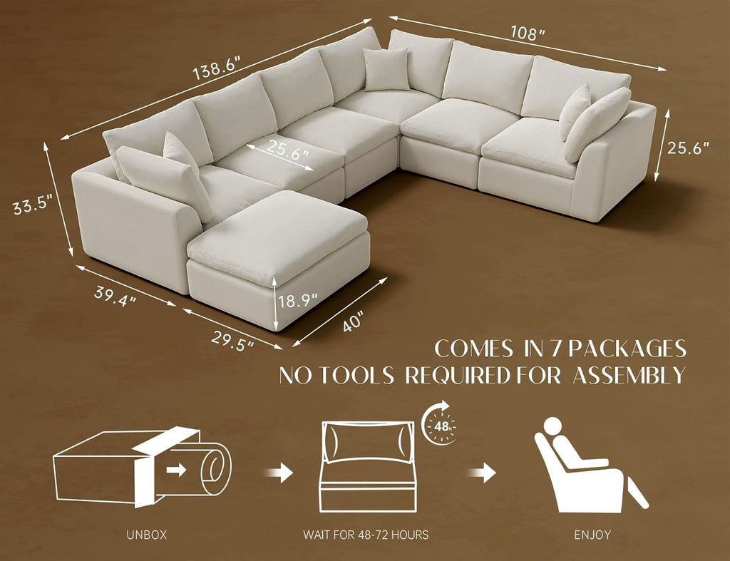 ohllob 110" Cloud Sectional Sofa L Shape Modular Couch with Ottoman 3 Seater