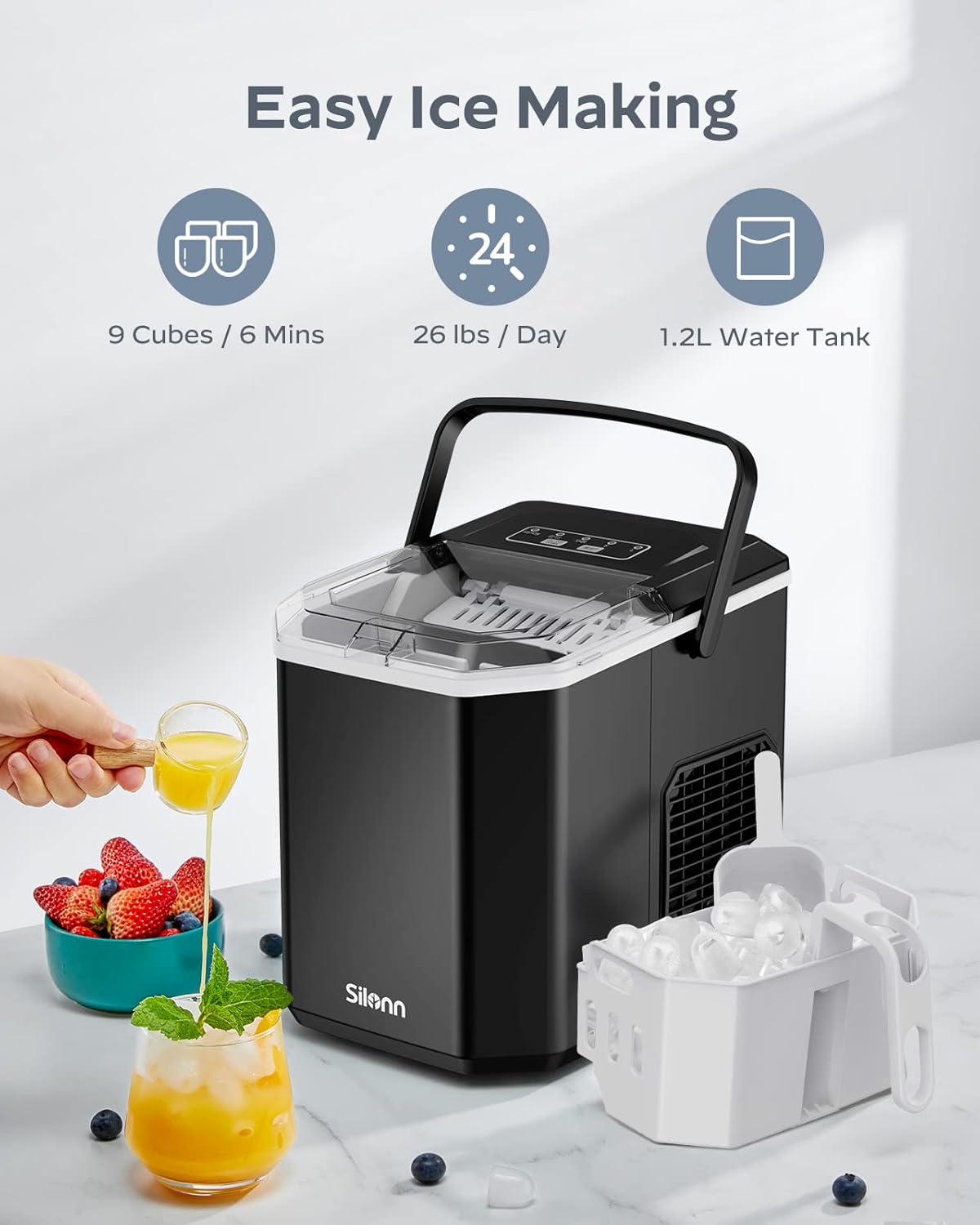 Silonn Nugget Ice Maker Countertop 44lbs Daily Stainless Steel Ice Machine