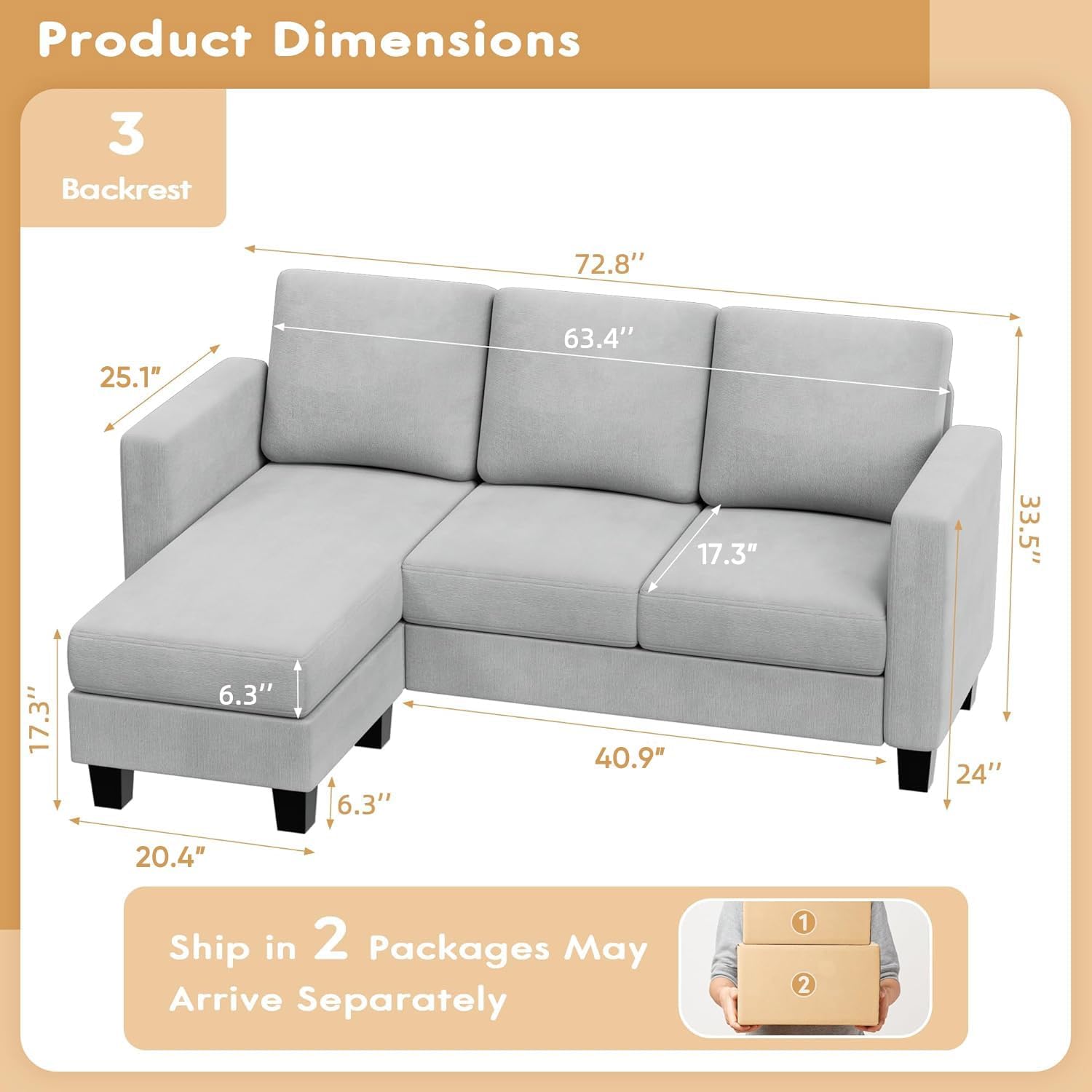 VICTONE Convertible L Shaped Sectional Sofa Couch 3 Seat with Ottoman