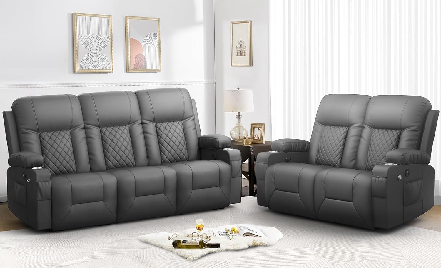 FURNIMAT Loveseat Recliner Sofa 2 Seater PU Leather Couch with USB Cup Holders