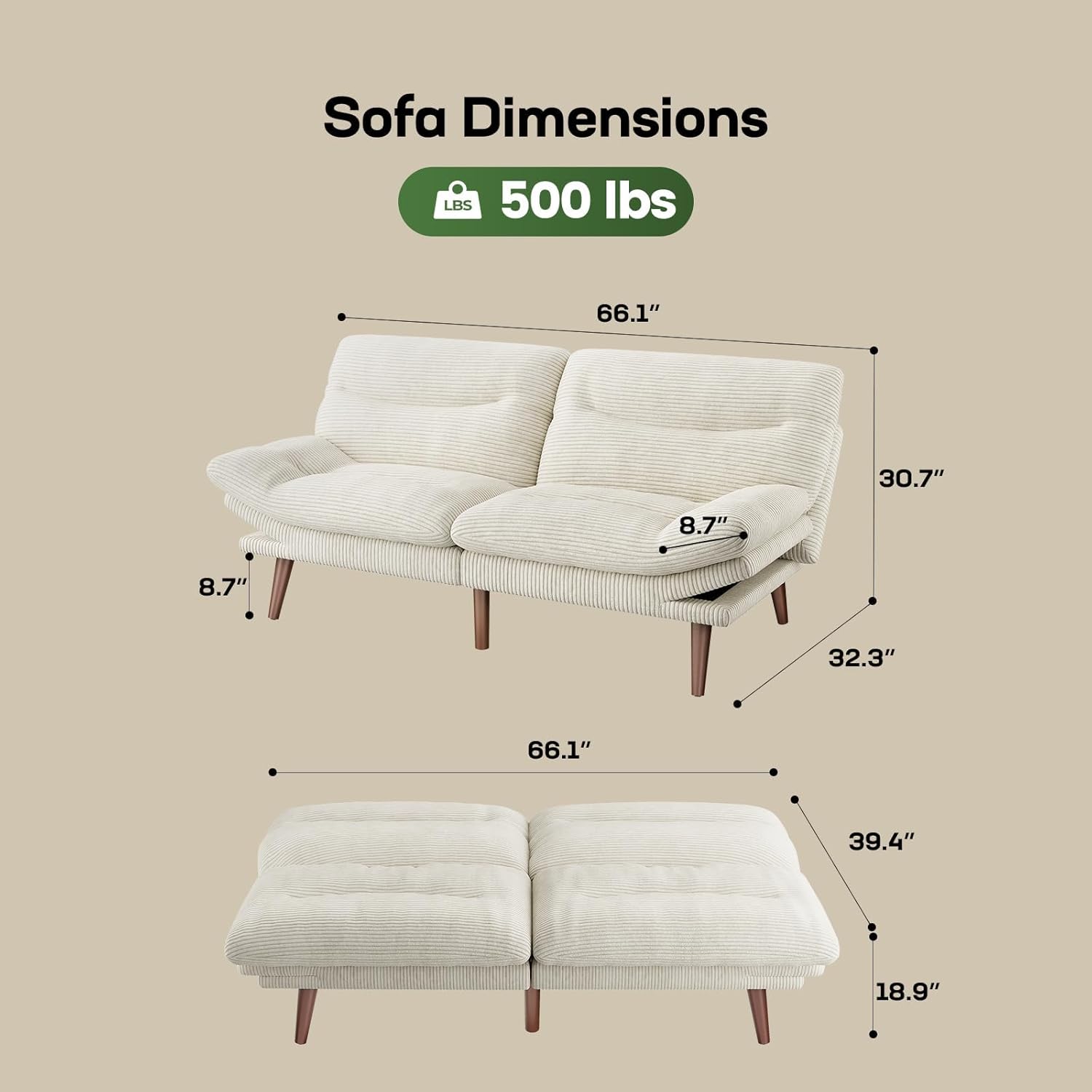 Marsail Futon Sofa Bed Convertible Corduroy Loveseat with Adjustable Backrest
