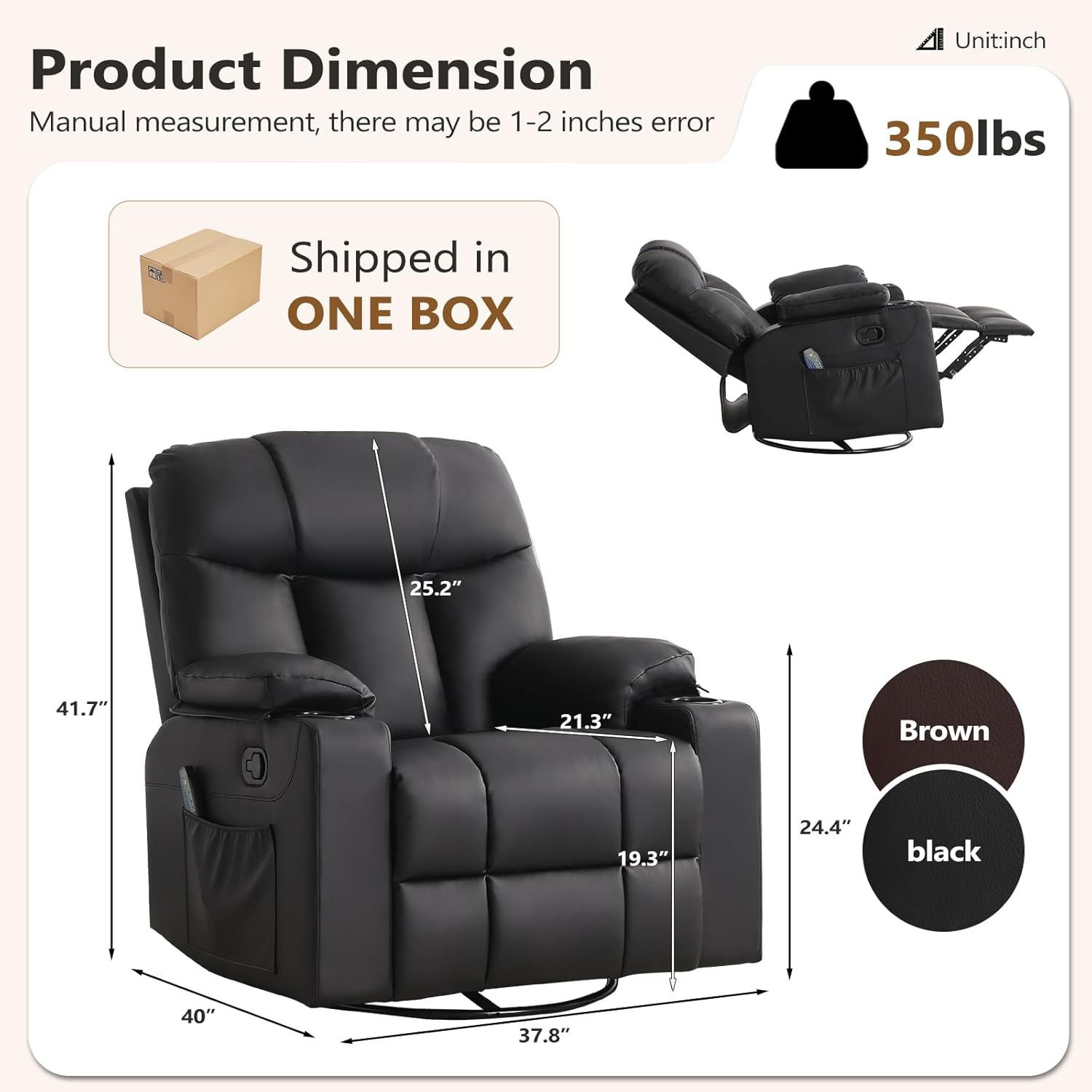 ANJ Swivel Rocker Recliner Chair Manual Fabric Small Space