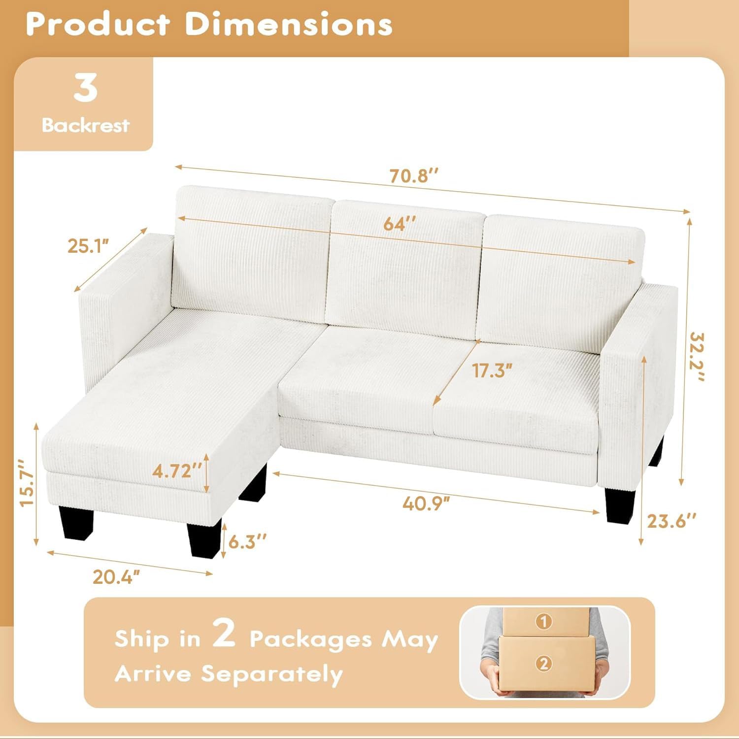 VICTONE Convertible L Shaped Sectional Sofa Couch 3 Seat with Ottoman