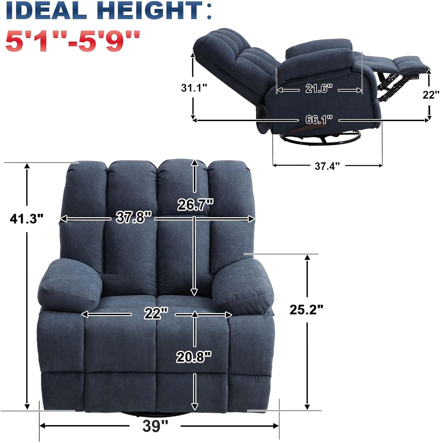 Eiayeebil Oversized Swivel Rocker Recliner Chair Extra Wide Manual Recliner