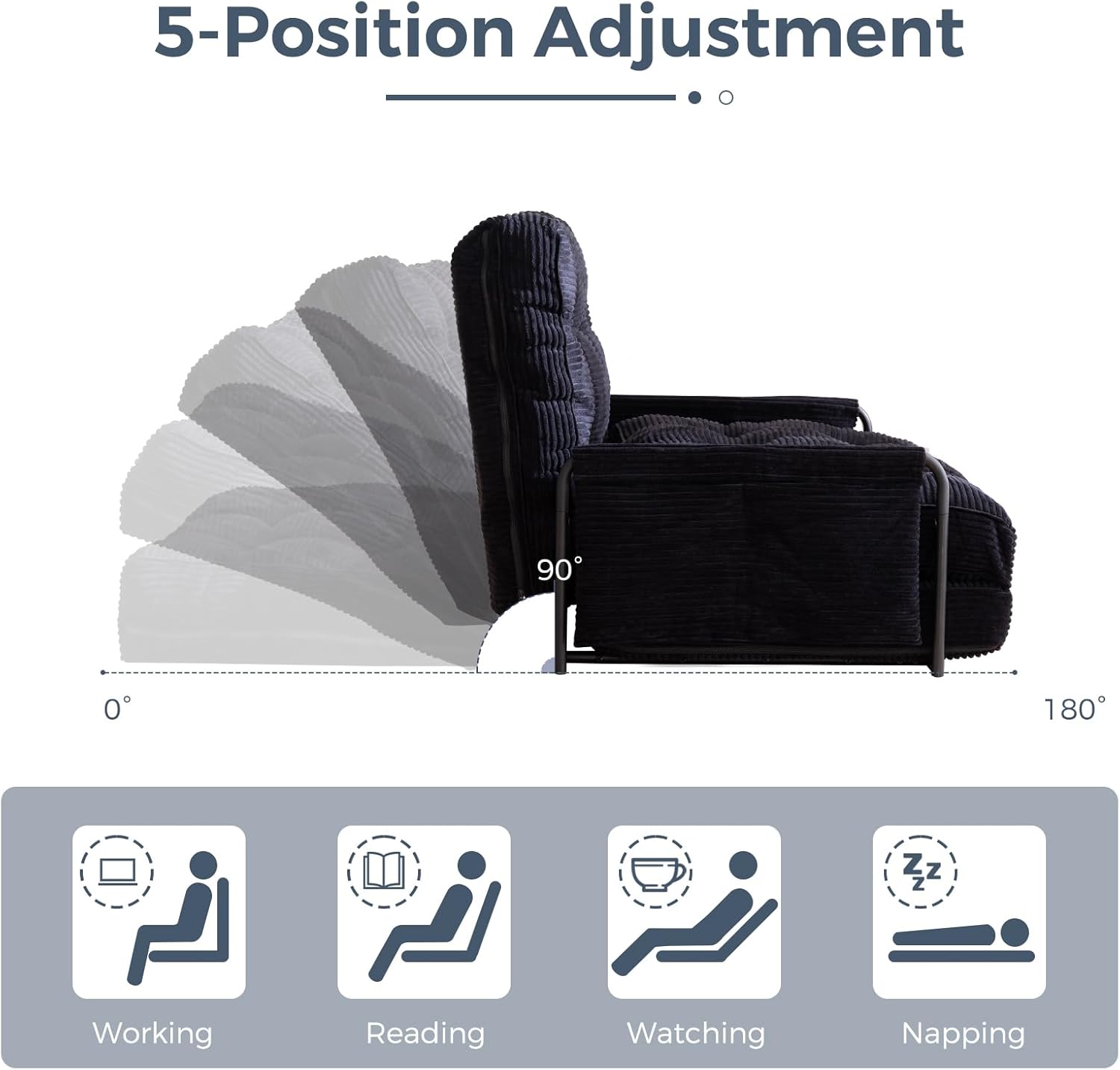 MAXYOYO Adjustable Floor Sofa Bed with Armrest Double Black Foldable Sleeper