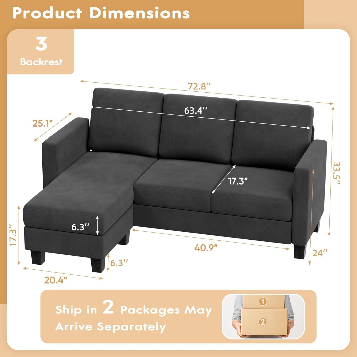 VICTONE Convertible L Shaped Sectional Sofa Couch 3 Seat with Ottoman