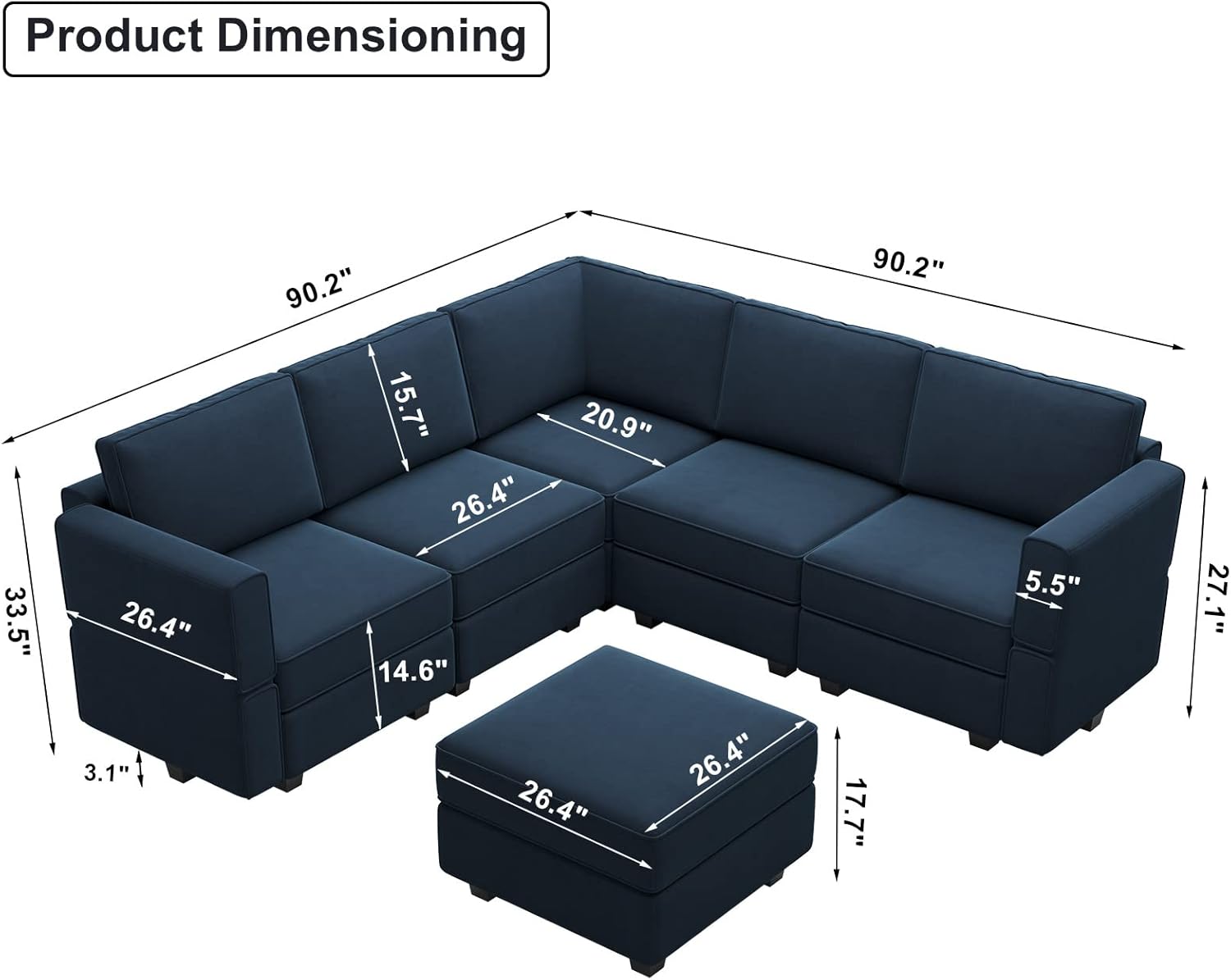 Belffin Reversible Modular Sectional Sofa with Ottomans Velvet Sleeper Chaise Bed Storage Seat Black