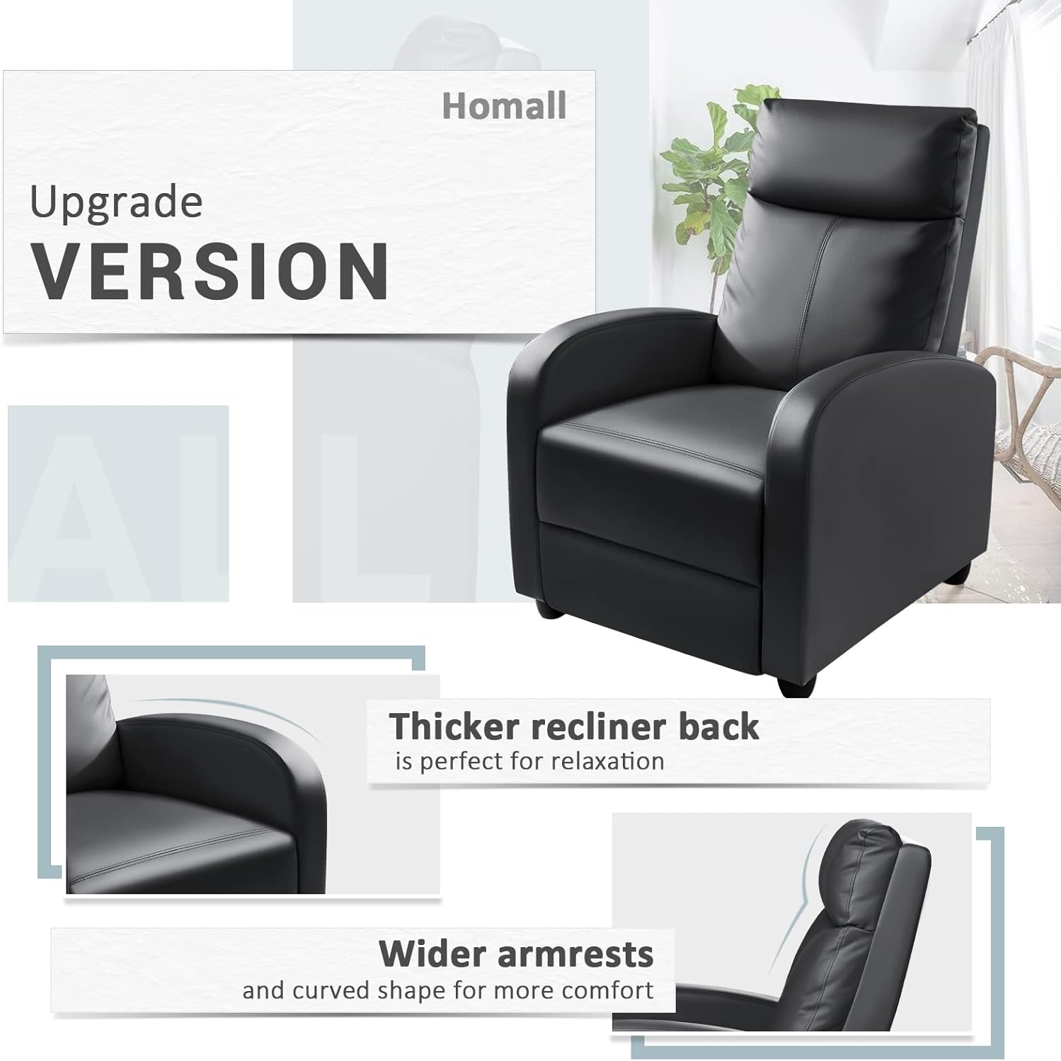 Homall Modern Recliner Chair PU Leather Padded Seat Single Sofa Home Theater