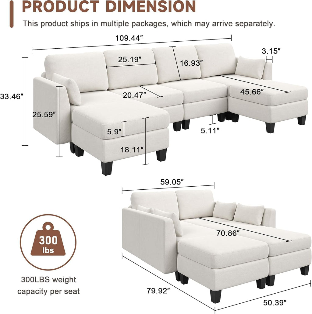 Huatean Home Modular Sectional Sofa U Shaped Couch 6 Seat Convertible High Density Foam