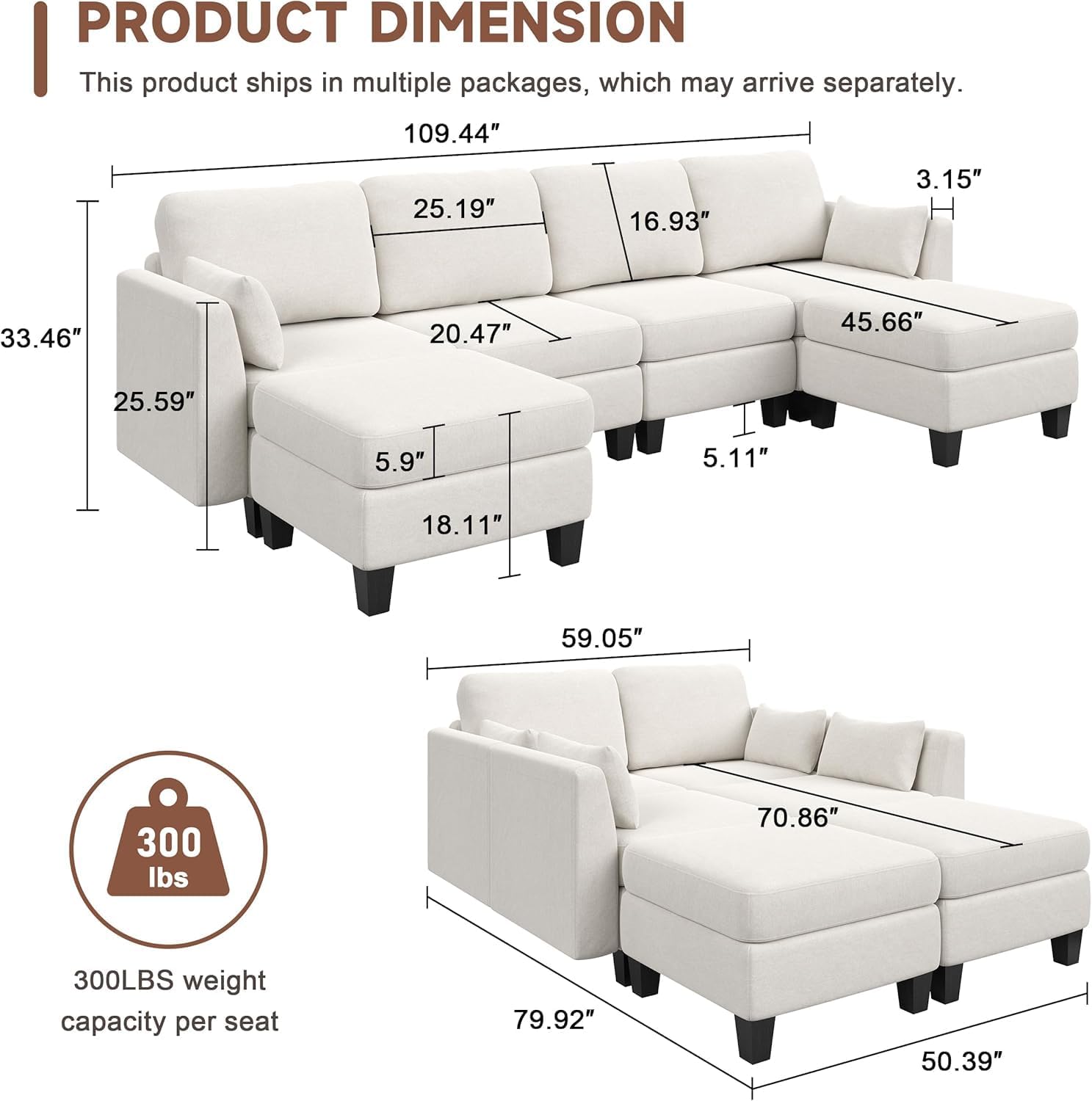 Huatean Home Modular Sectional Sofa U Shaped Couch 6 Seat Convertible High Density Foam