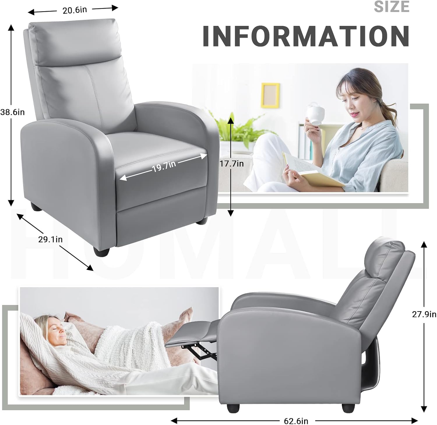 Homall Modern Recliner Chair PU Leather Padded Seat Single Sofa Home Theater