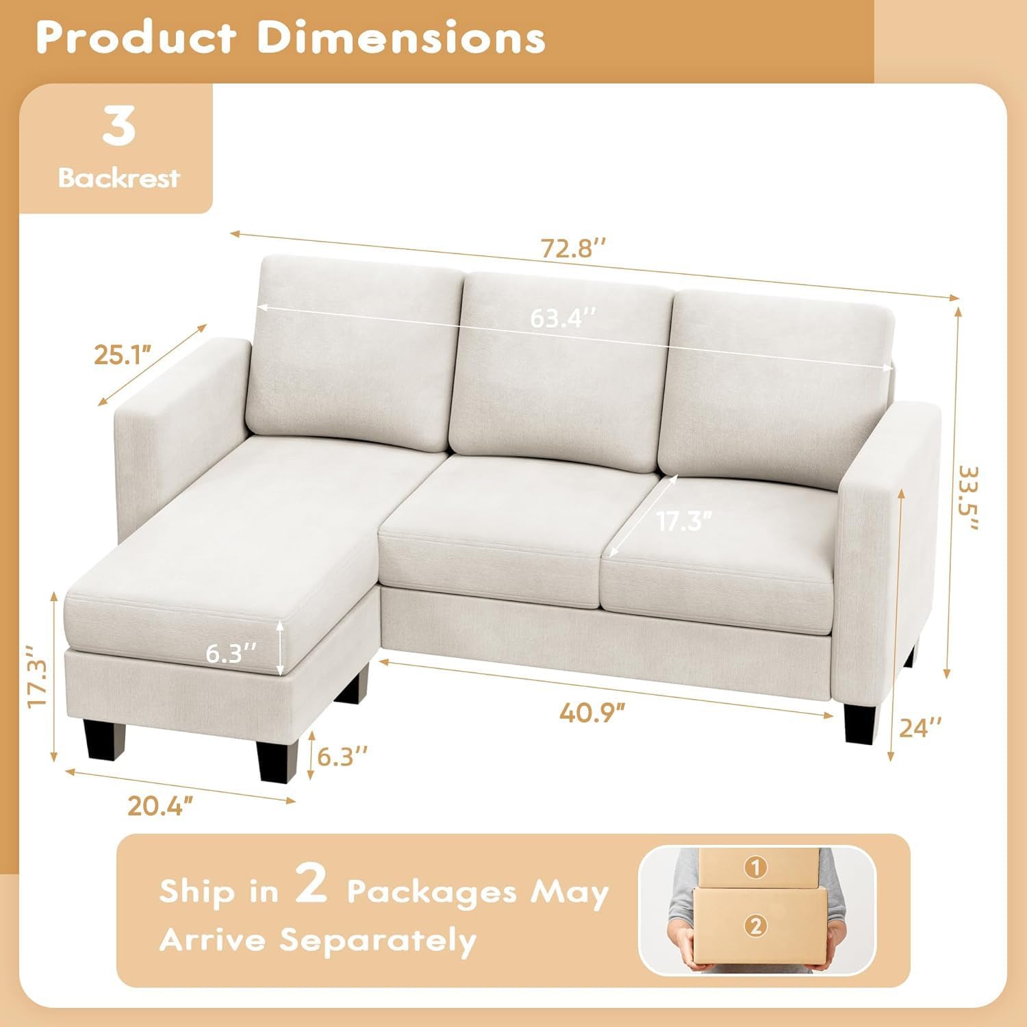 VICTONE Convertible L Shaped Sectional Sofa Couch 3 Seat with Ottoman