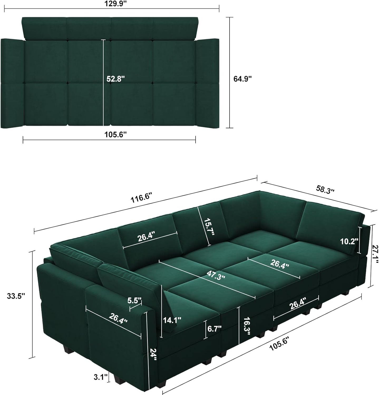 Belffin Velvet Modular Sectional Sofa with Ottoman Sleeper Bed Storage