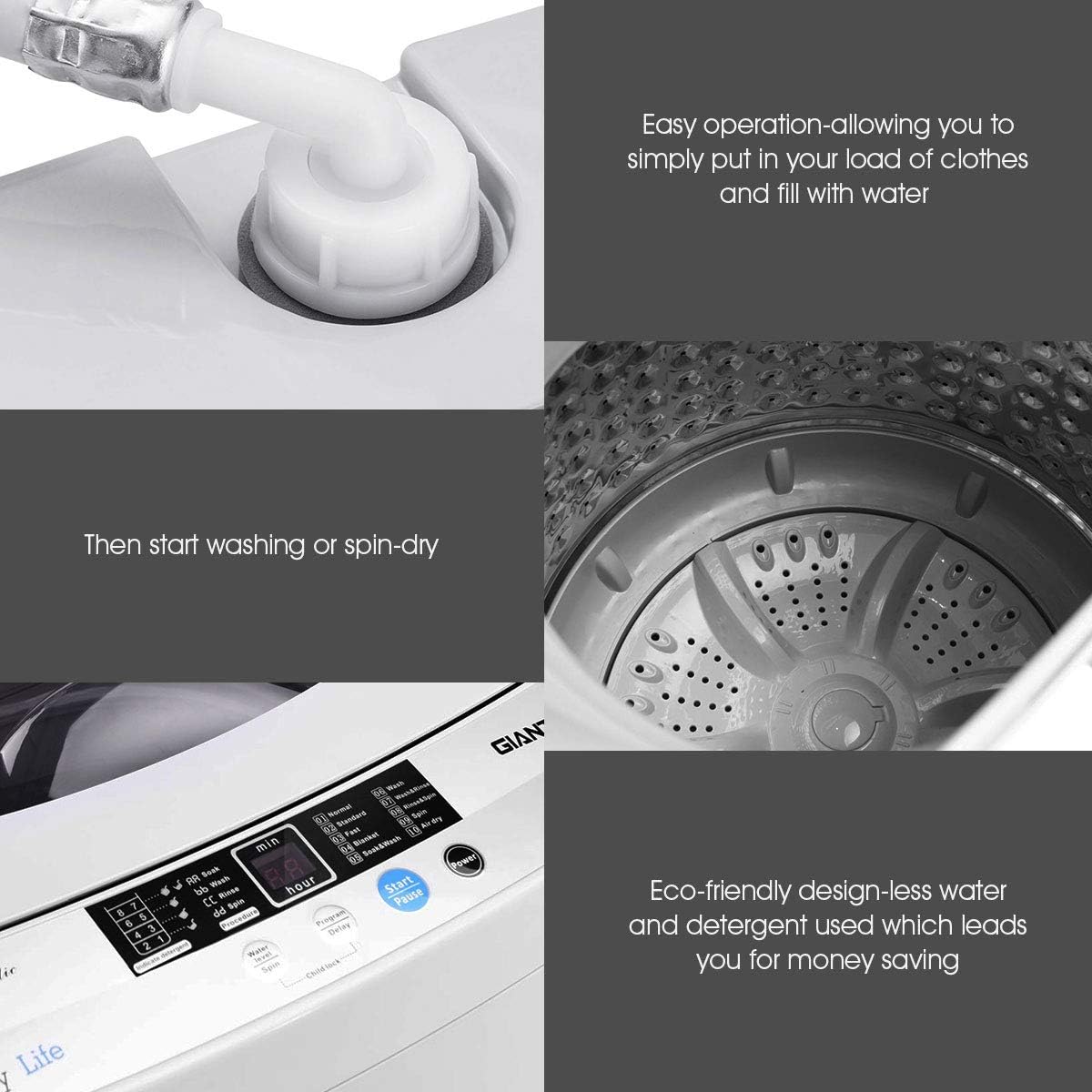 Giantex Portable Compact Full-Automatic Washing Machine 1.34 Cu Ft 12 Lbs Spin Washer