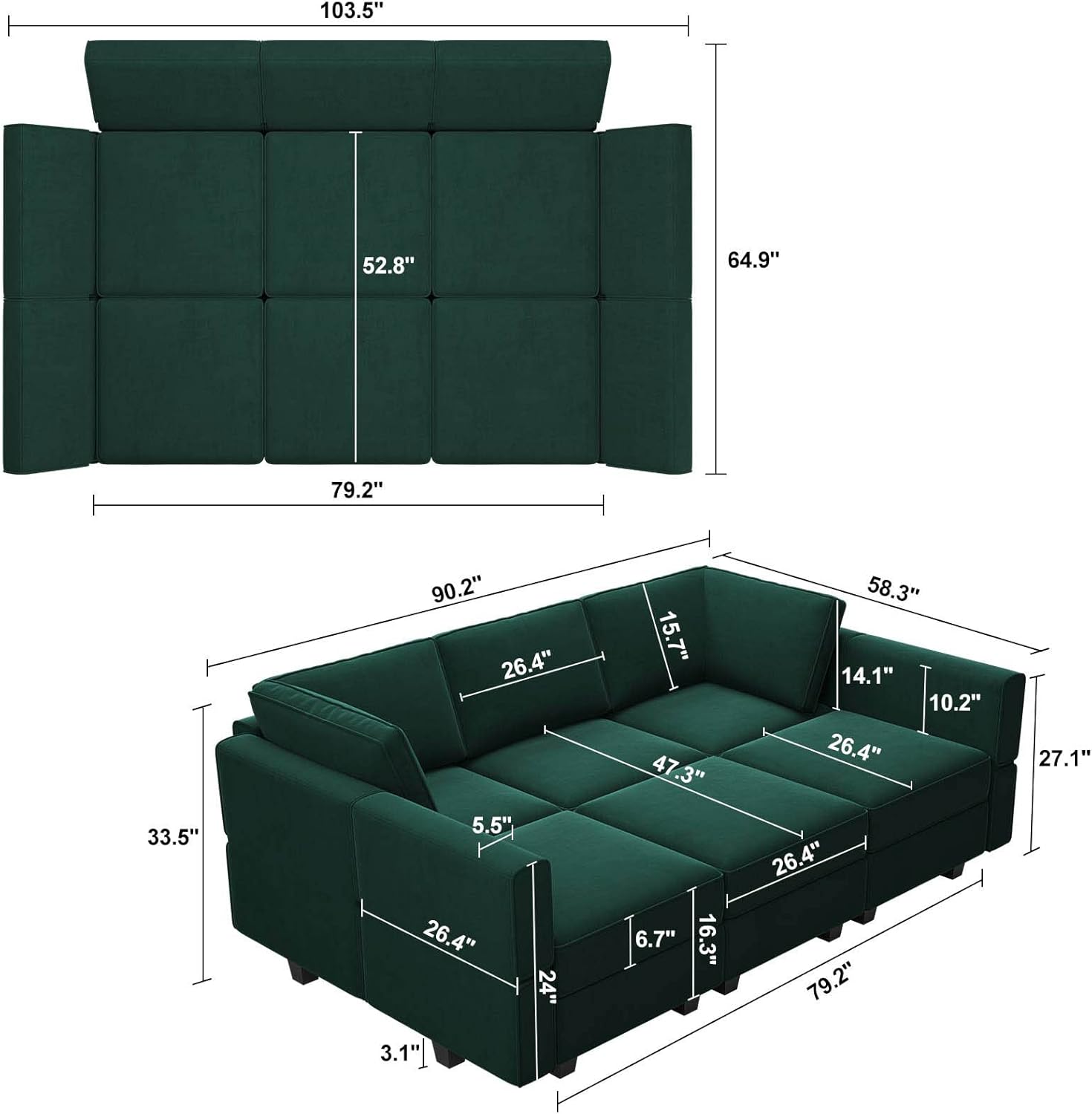 Belffin Velvet Modular Sectional Sofa with Ottoman Sleeper Bed Storage