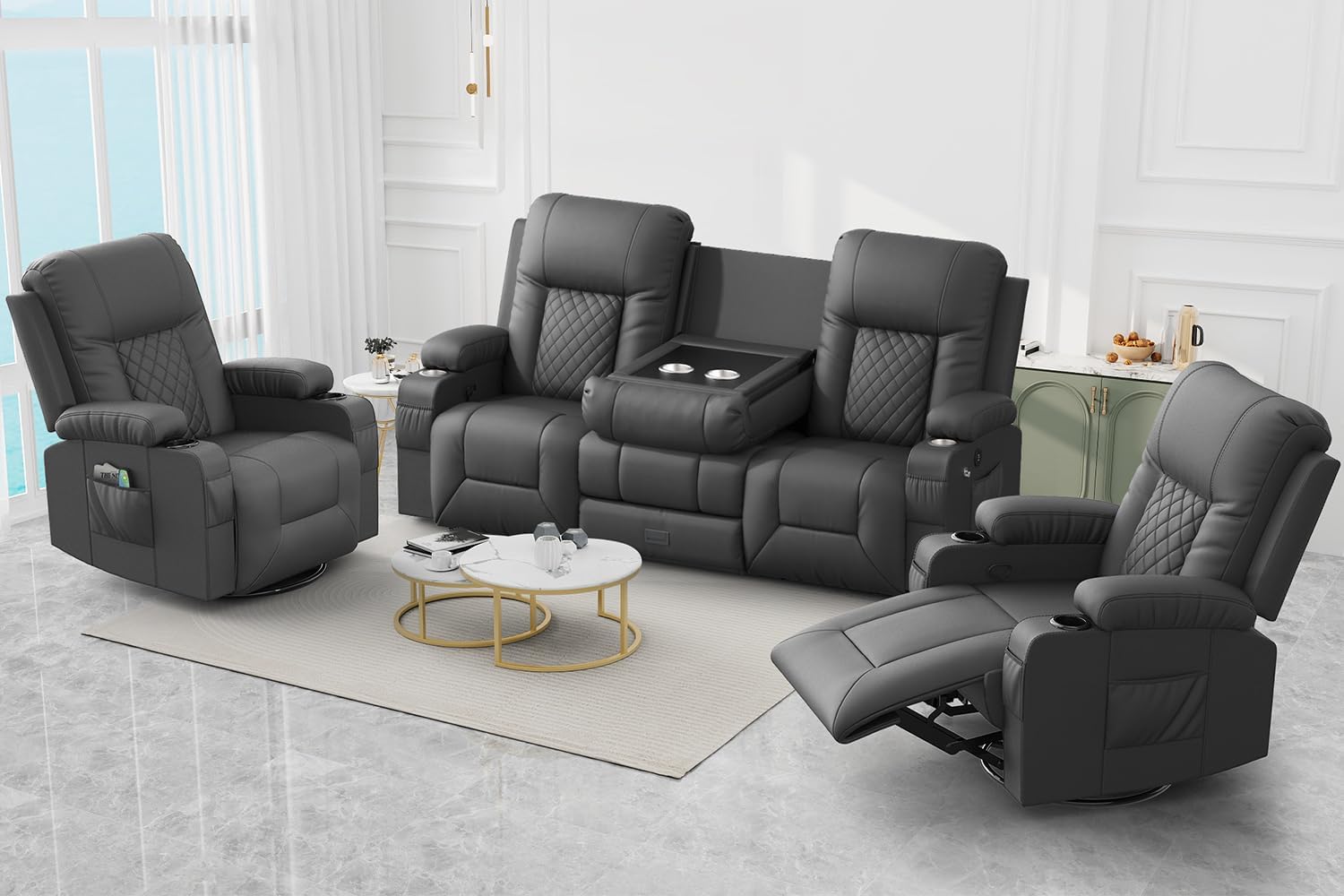 FURNIMAT Loveseat Recliner Sofa 2 Seater PU Leather Couch with USB Cup Holders