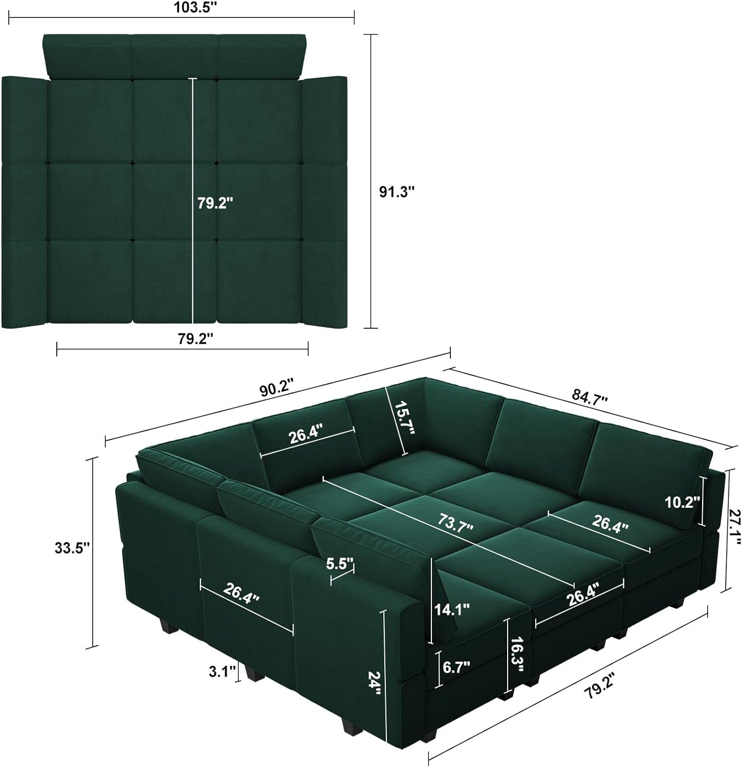 Belffin Velvet Modular Sectional Sofa with Ottoman Sleeper Bed Storage