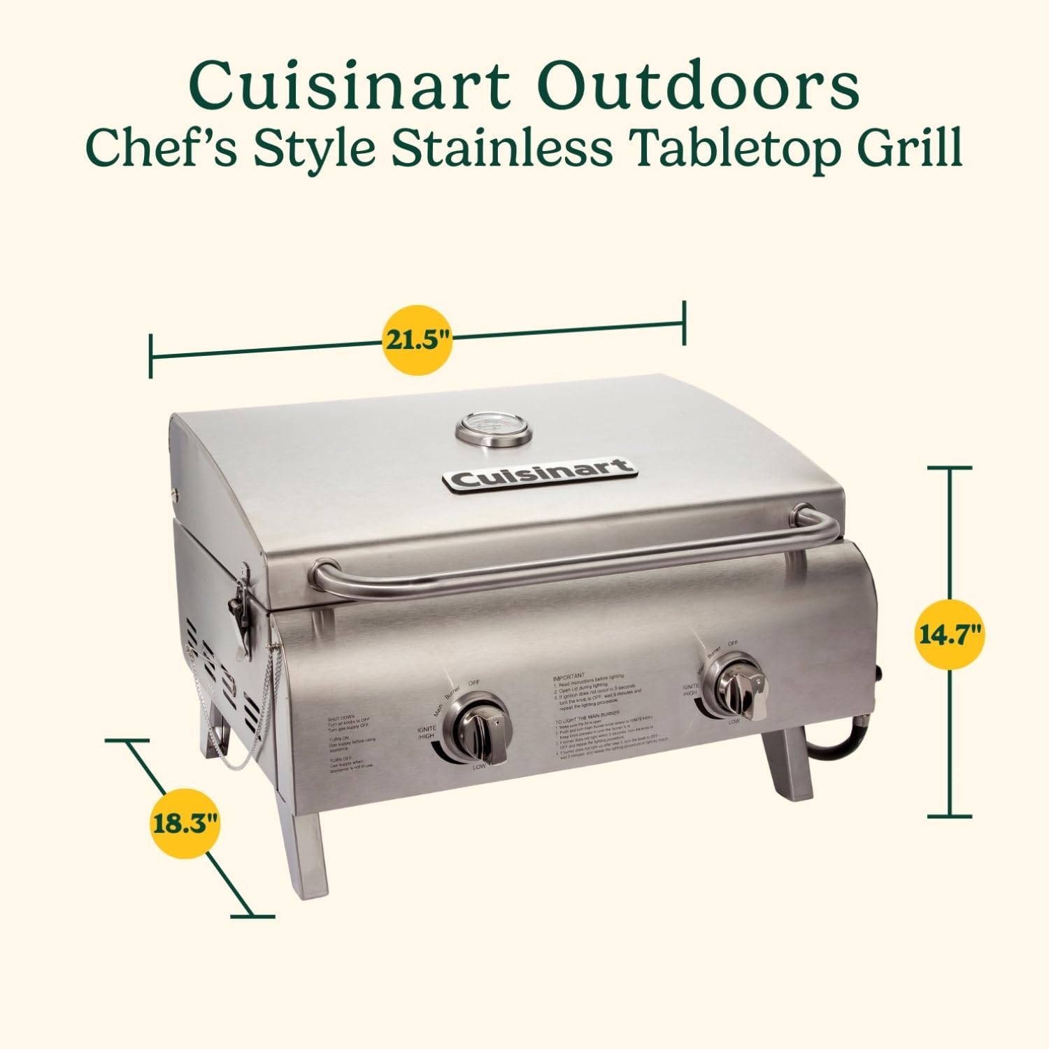 Cuisinart Portable Propane Gas Grill 2 Burner Stainless Steel Tabletop BBQ
