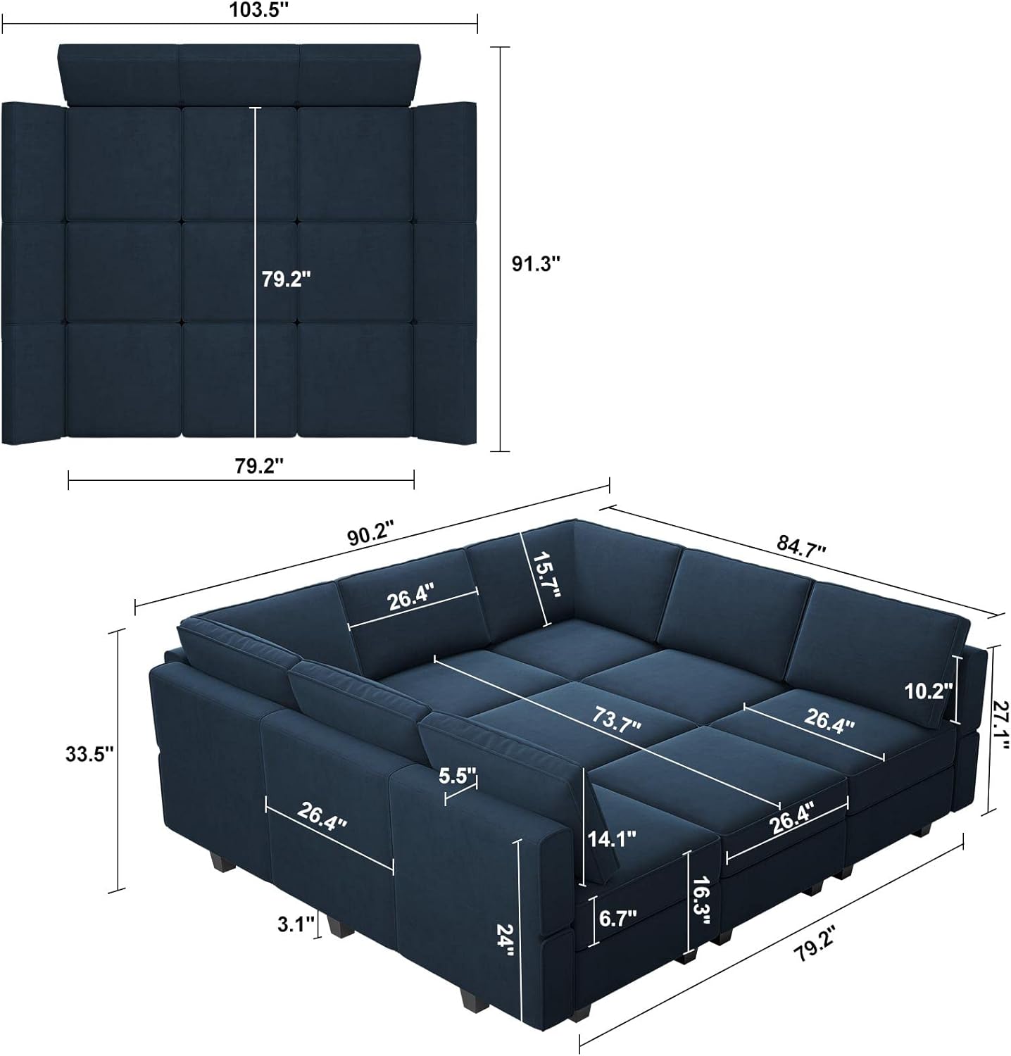 Belffin Velvet Modular Sectional Sofa with Ottoman Sleeper Bed Storage