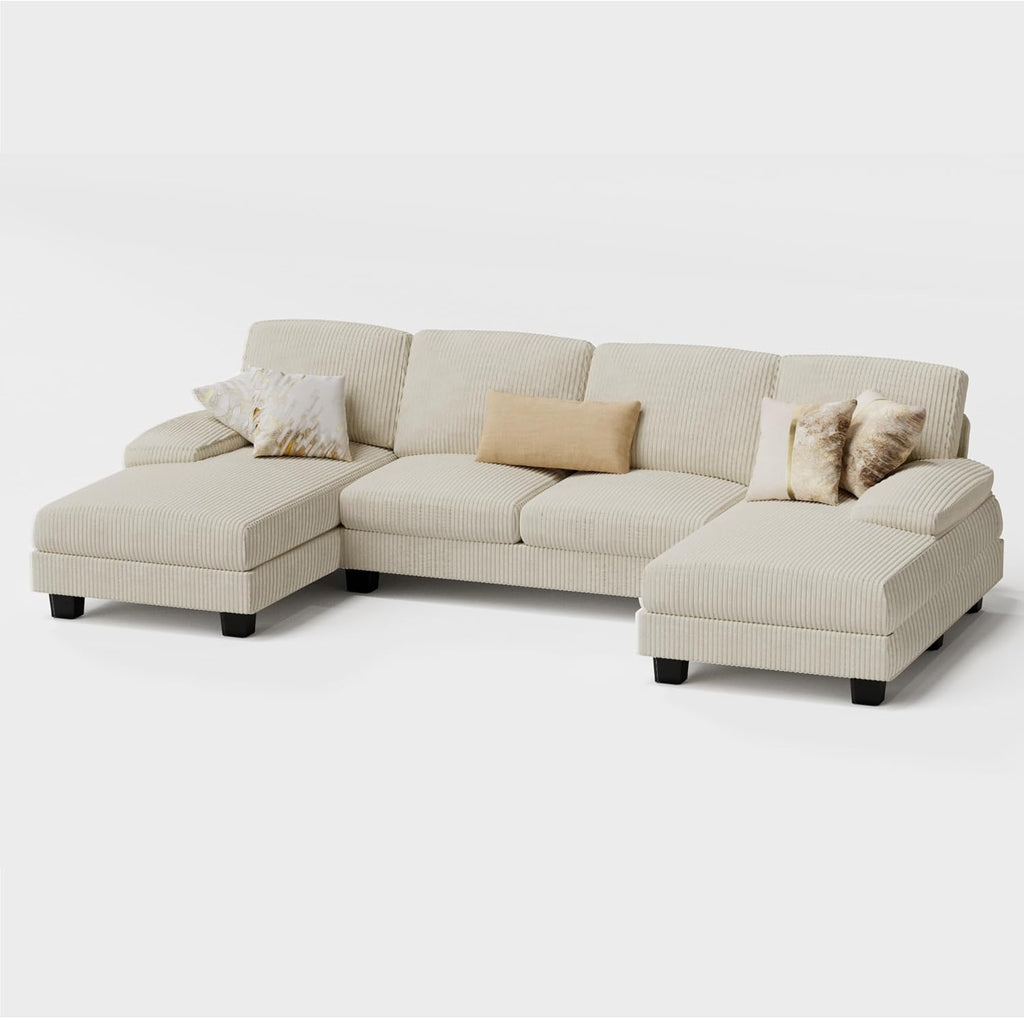Furmax U-Shaped Sectional Sofa Couch 4 Seat Linen Fabric Double Chaise