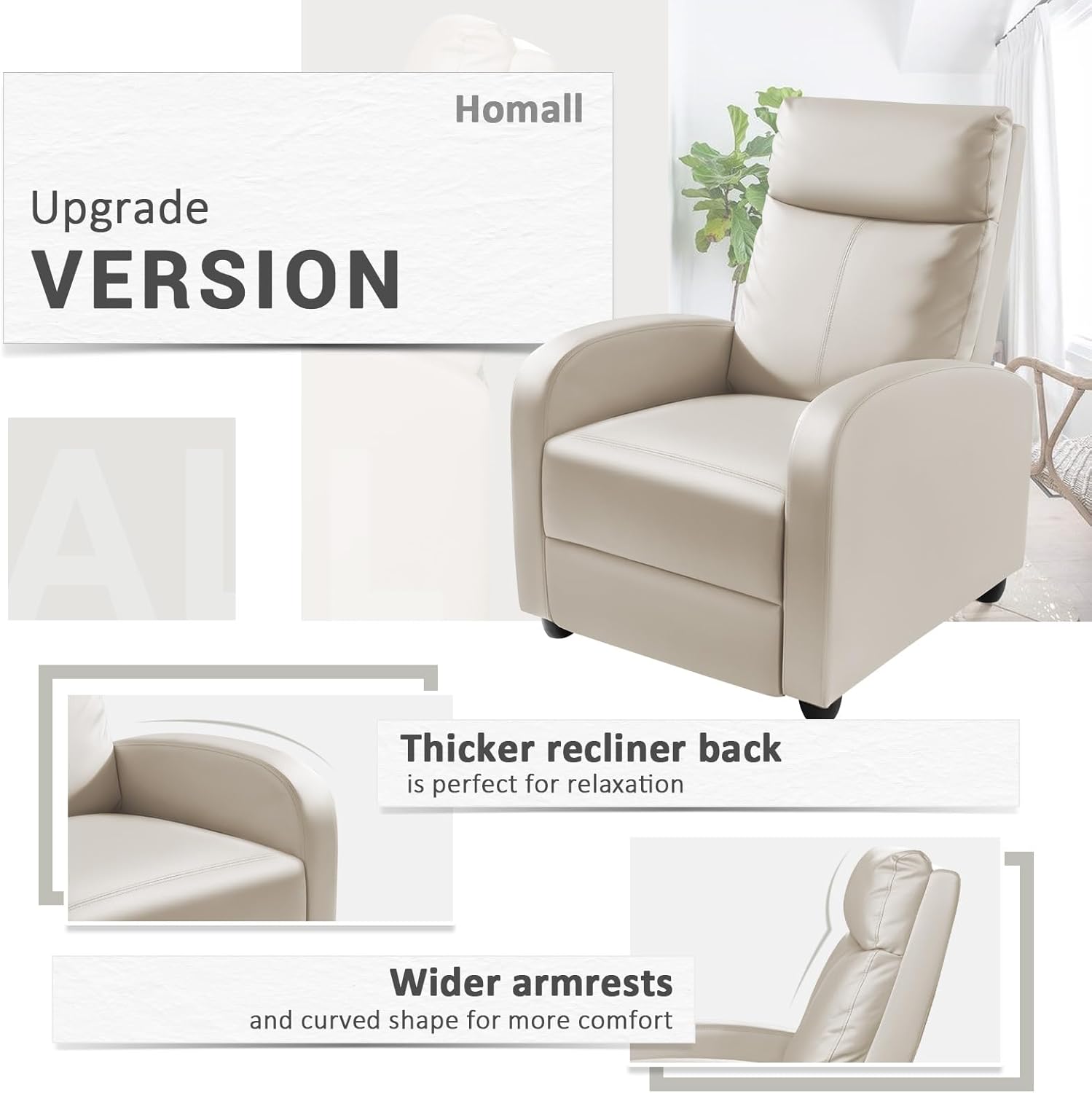 Homall Modern Recliner Chair PU Leather Padded Seat Single Sofa Home Theater