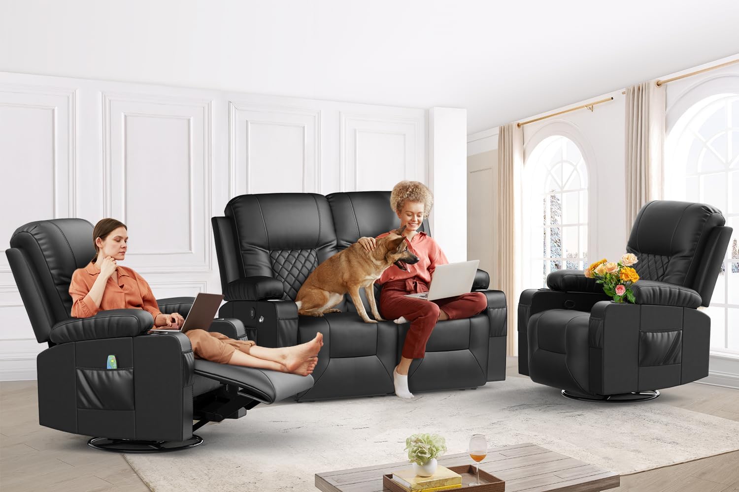 FURNIMAT Loveseat Recliner Sofa 2 Seater PU Leather Couch with USB Cup Holders
