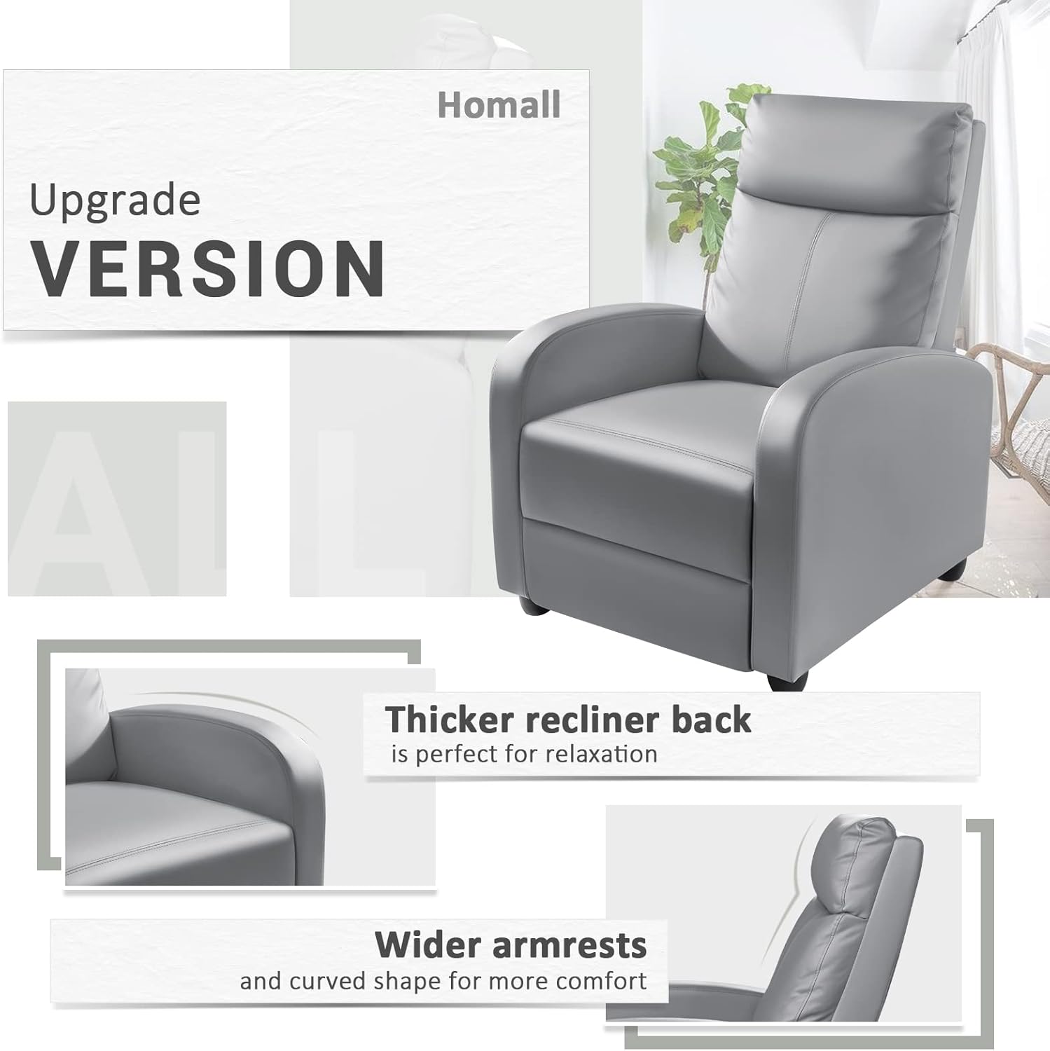Homall Modern Recliner Chair PU Leather Padded Seat Single Sofa Home Theater