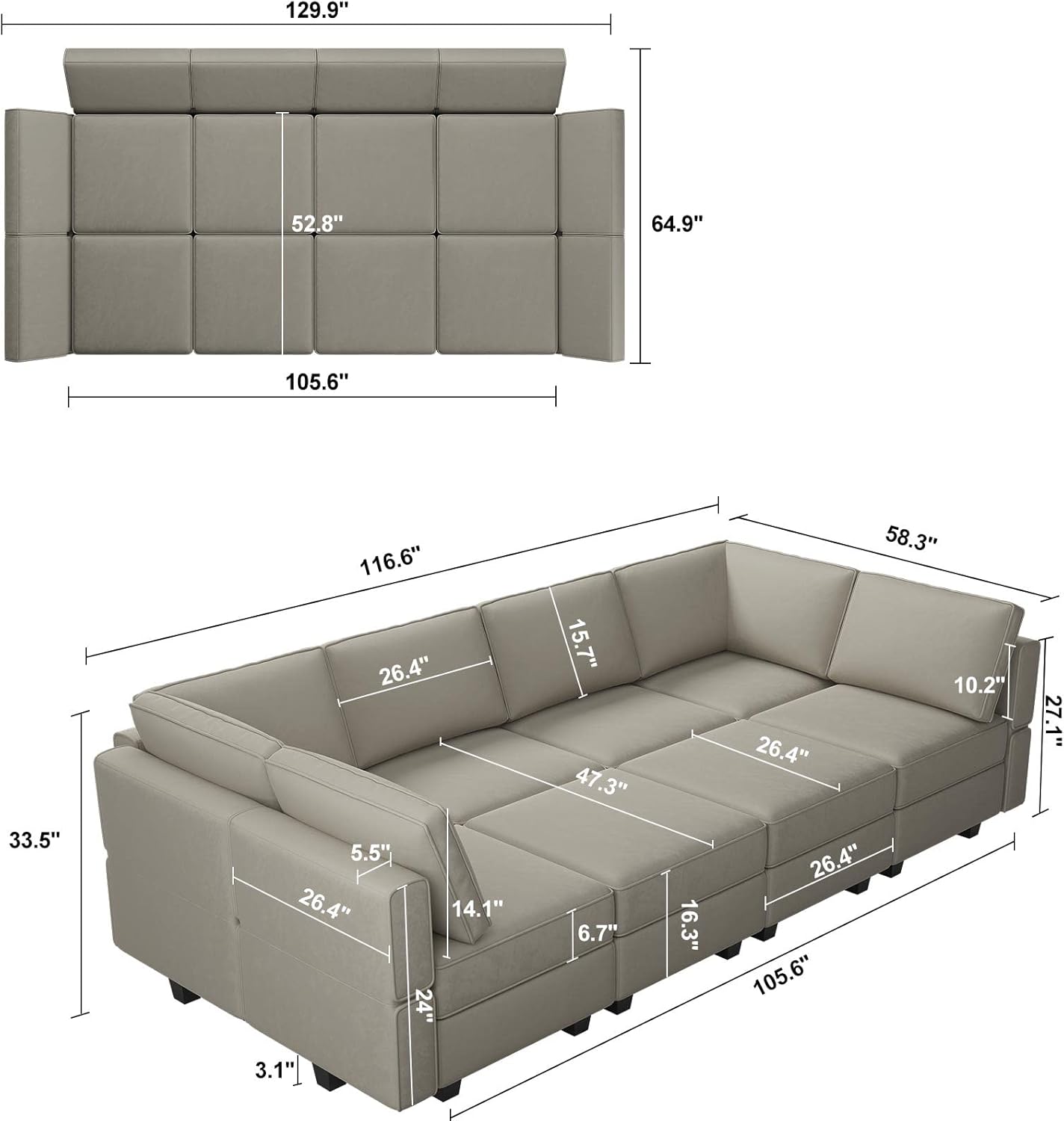 Belffin Reversible Modular Sectional Sofa with Ottomans Velvet Sleeper Chaise Bed Storage Seat Black