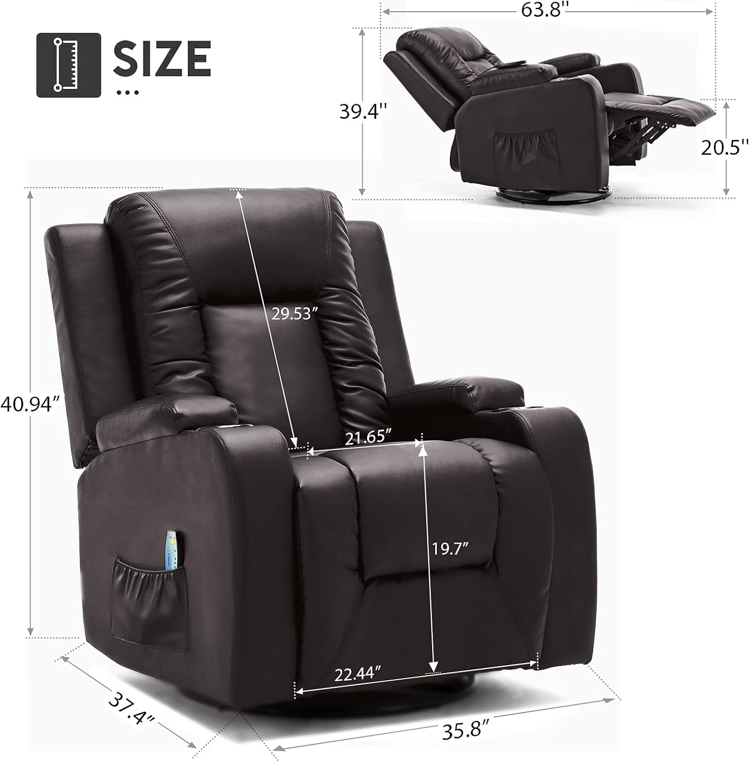 COMHOMA PU Leather Recliner Chair Heated Massage Swivel Rocker Brown