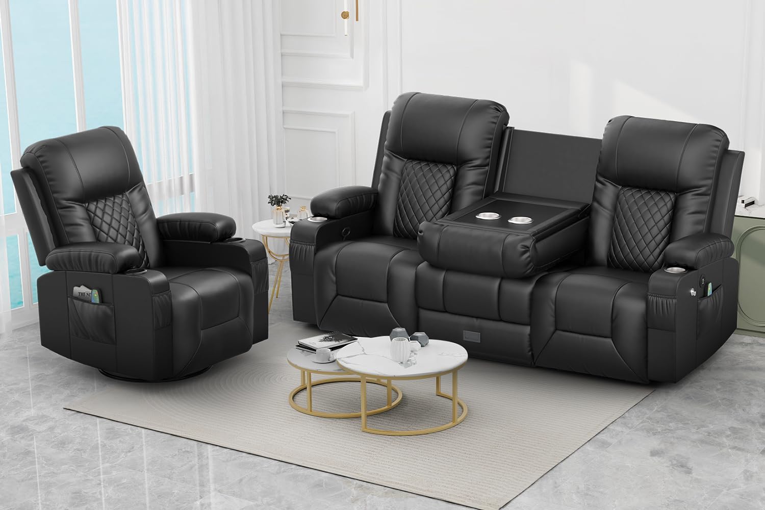 FURNIMAT Loveseat Recliner Sofa 2 Seater PU Leather Couch with USB Cup Holders