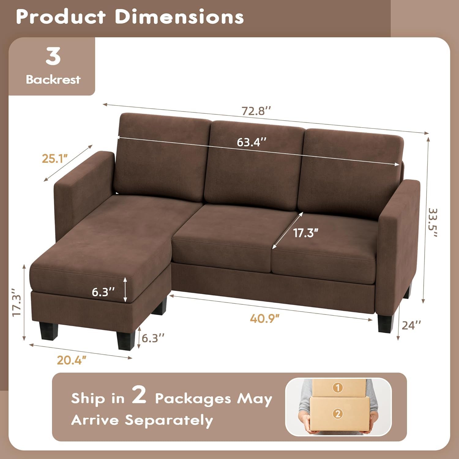 VICTONE Convertible L Shaped Sectional Sofa Couch 3 Seat with Ottoman
