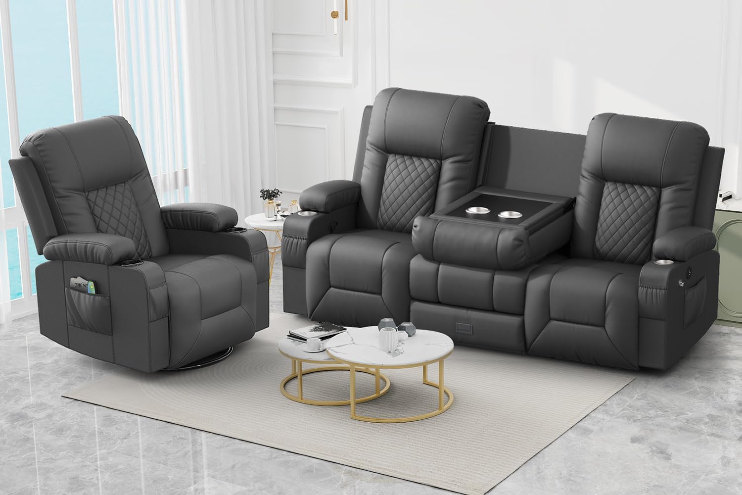 FURNIMAT Loveseat Recliner Sofa 2 Seater PU Leather Couch with USB Cup Holders