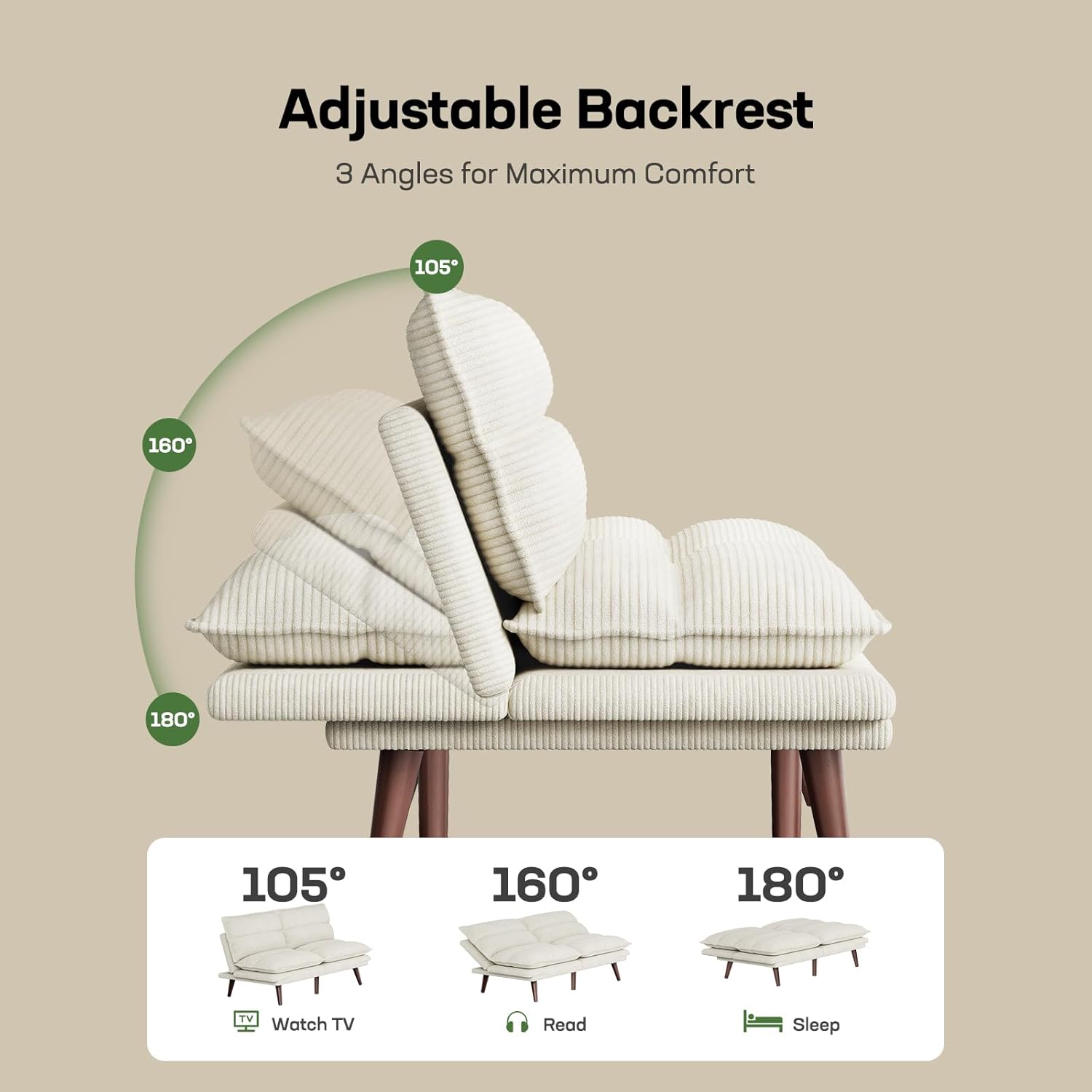 Marsail Futon Sofa Bed Convertible Corduroy Loveseat with Adjustable Backrest