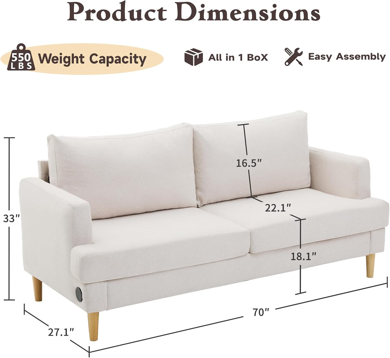 Loveseat Sofa Couch USB Ports 2 Seater Deep Seating Small Couch