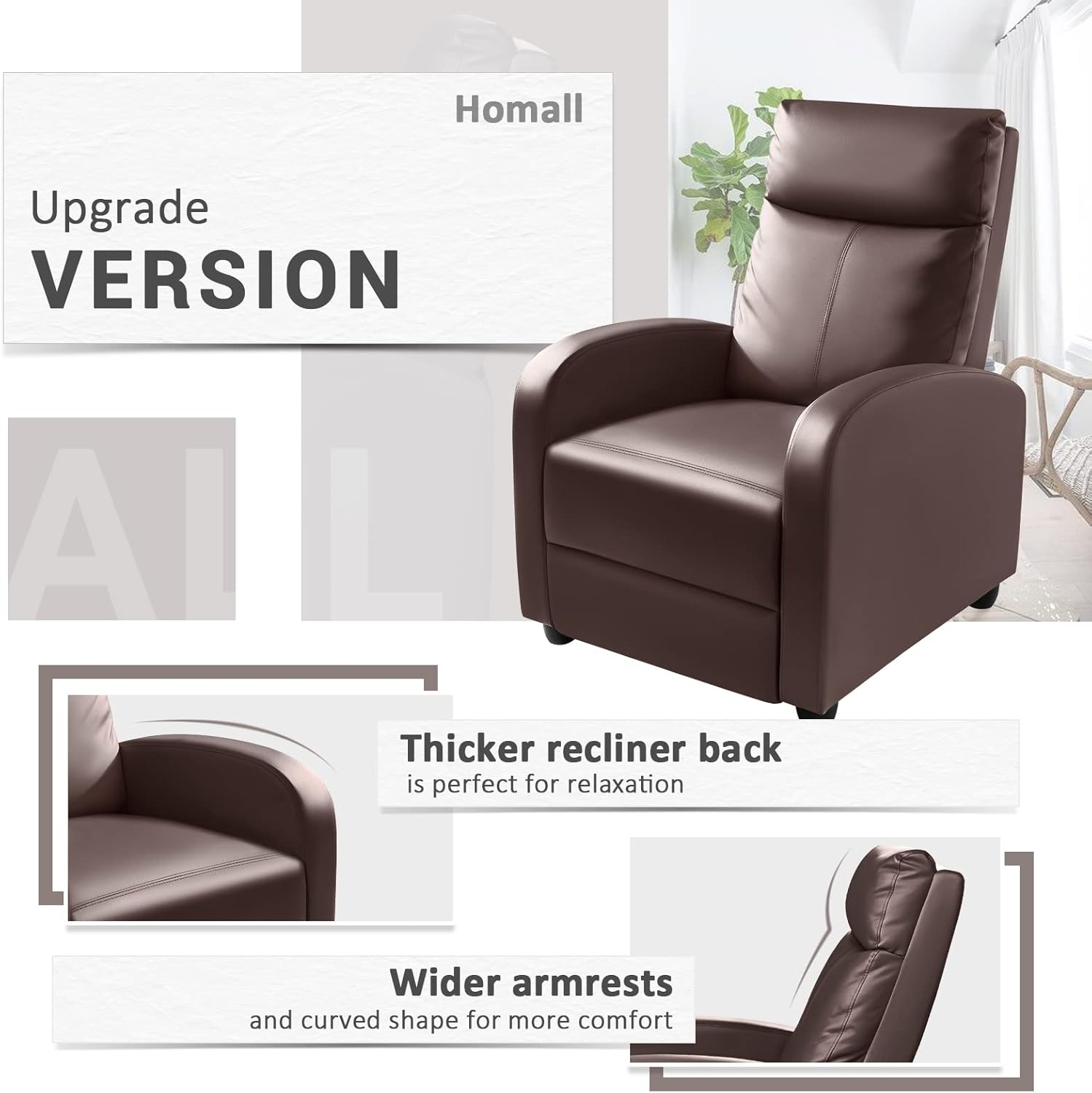 Homall Modern Recliner Chair PU Leather Padded Seat Single Sofa Home Theater