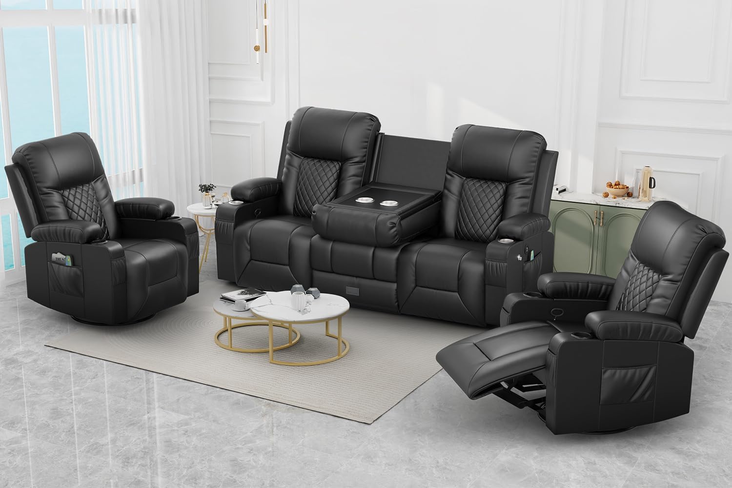 FURNIMAT Loveseat Recliner Sofa 2 Seater PU Leather Couch with USB Cup Holders