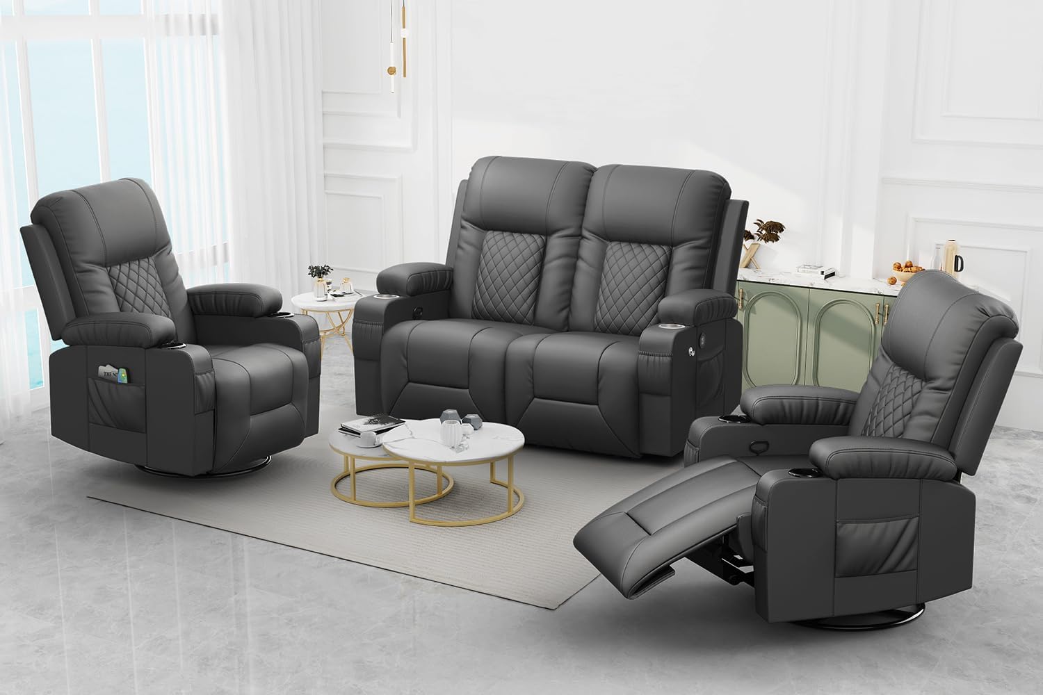 FURNIMAT Loveseat Recliner Sofa 2 Seater PU Leather Couch with USB Cup Holders