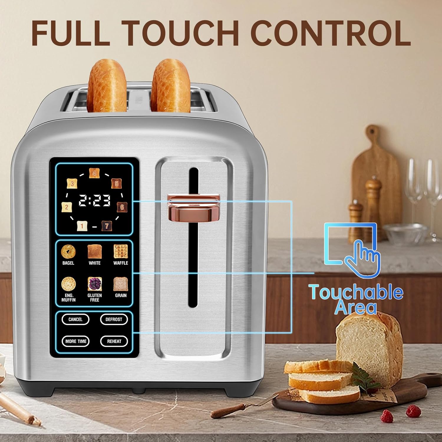 SEEDEEM 4 Slice Touch Screen Toaster LCD Display 7 Shade Settings Wide Slots 1800W