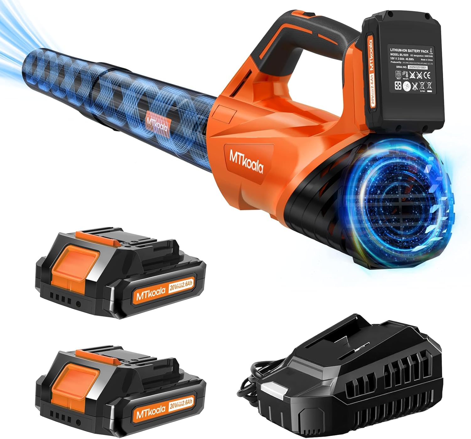MTKOALA Cordless Leaf Blower 2 Batteries Fast Charger 450CFM 150MPH Lightweight
