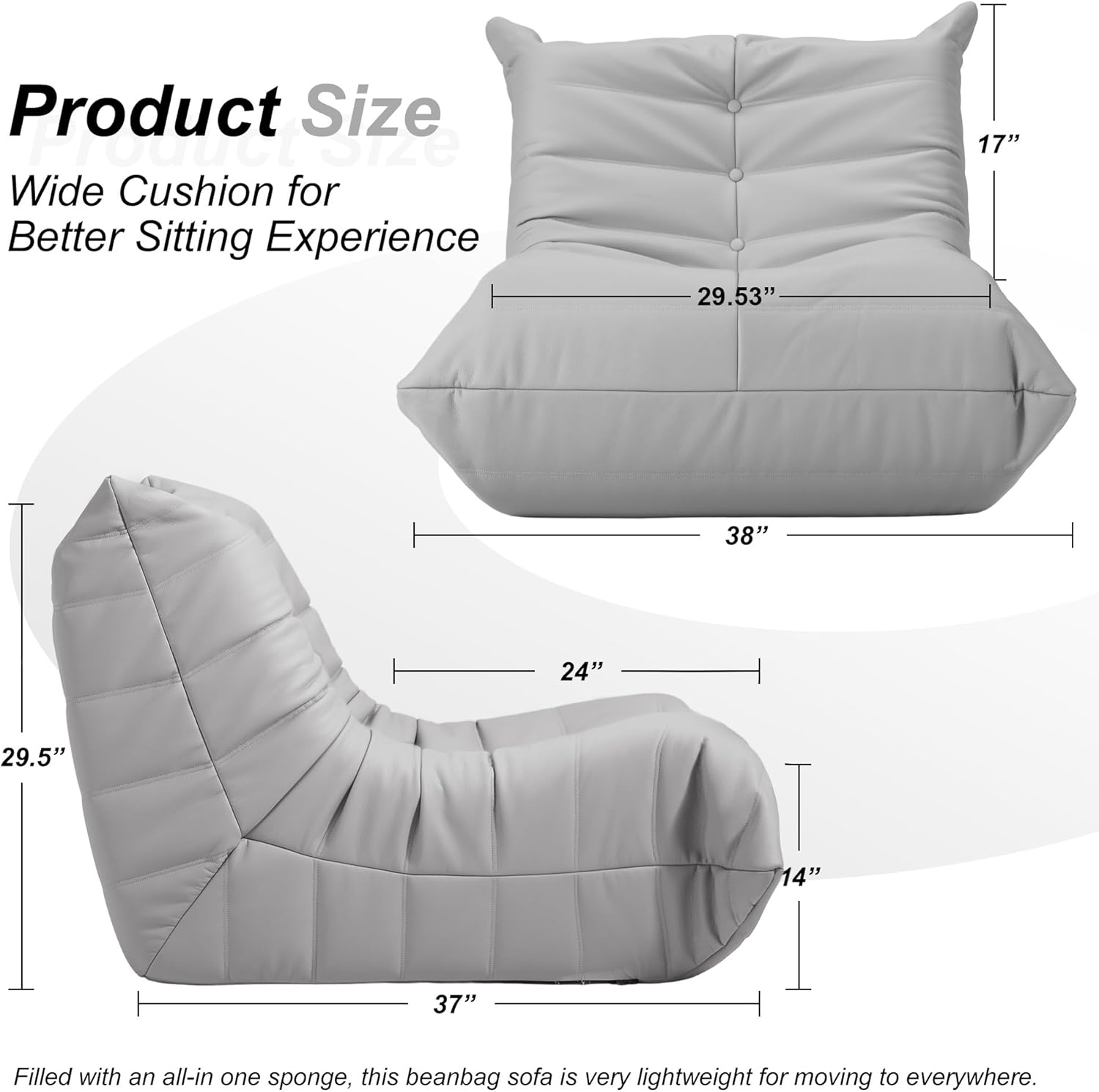 Hobestluk Giant Bean Bag Chair Memory Foam Faux Leather Floor Sofa for Adults