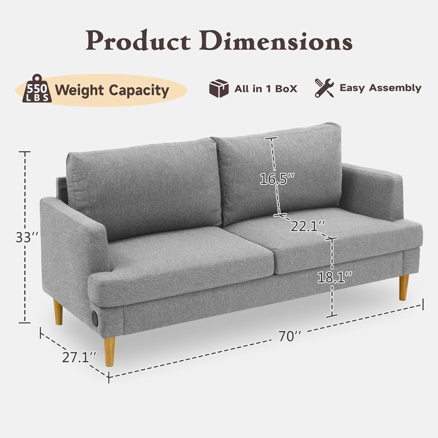 Loveseat Sofa Couch USB Ports 2 Seater Deep Seating Small Couch