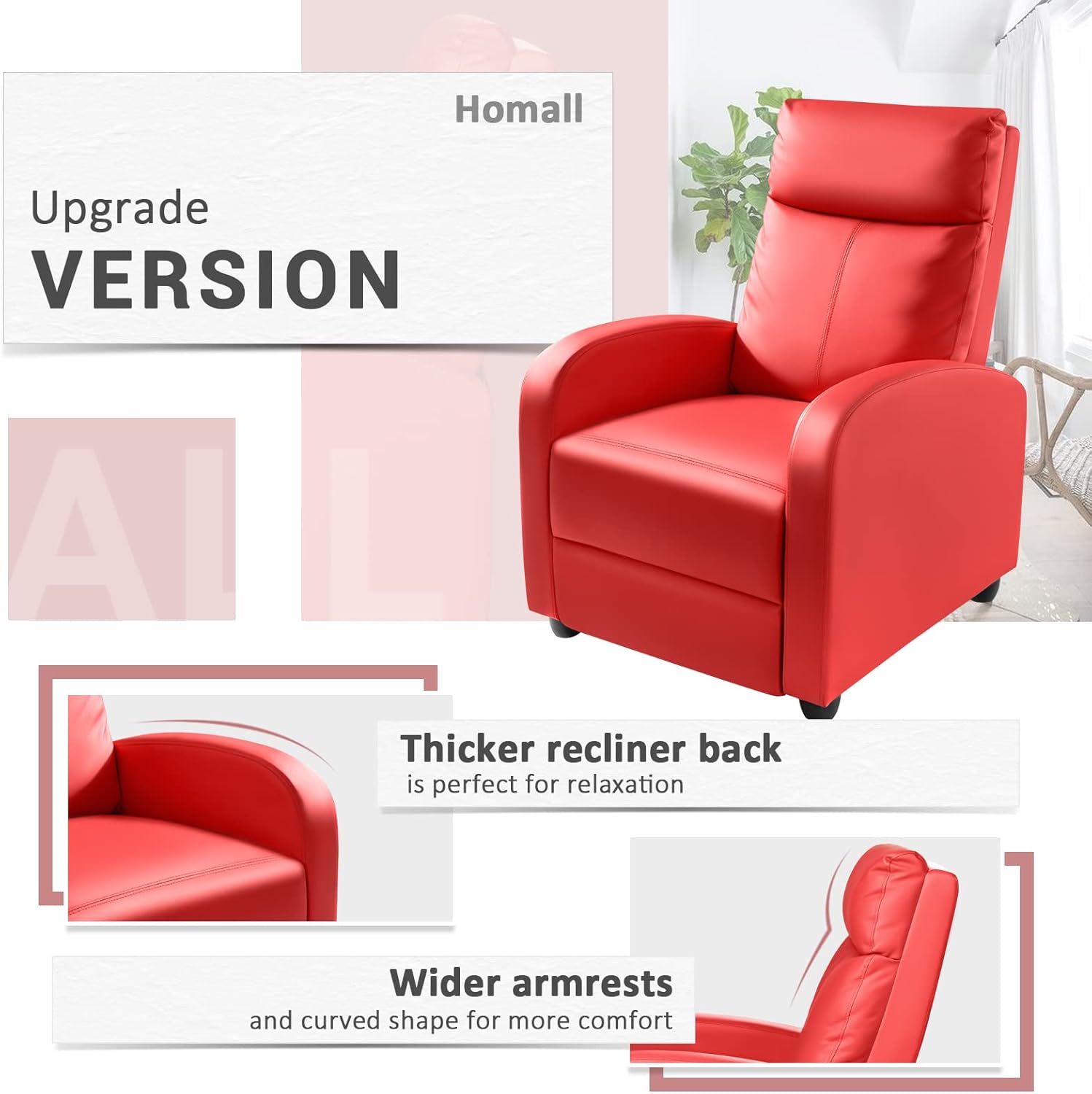 Homall Modern Recliner Chair PU Leather Padded Seat Single Sofa