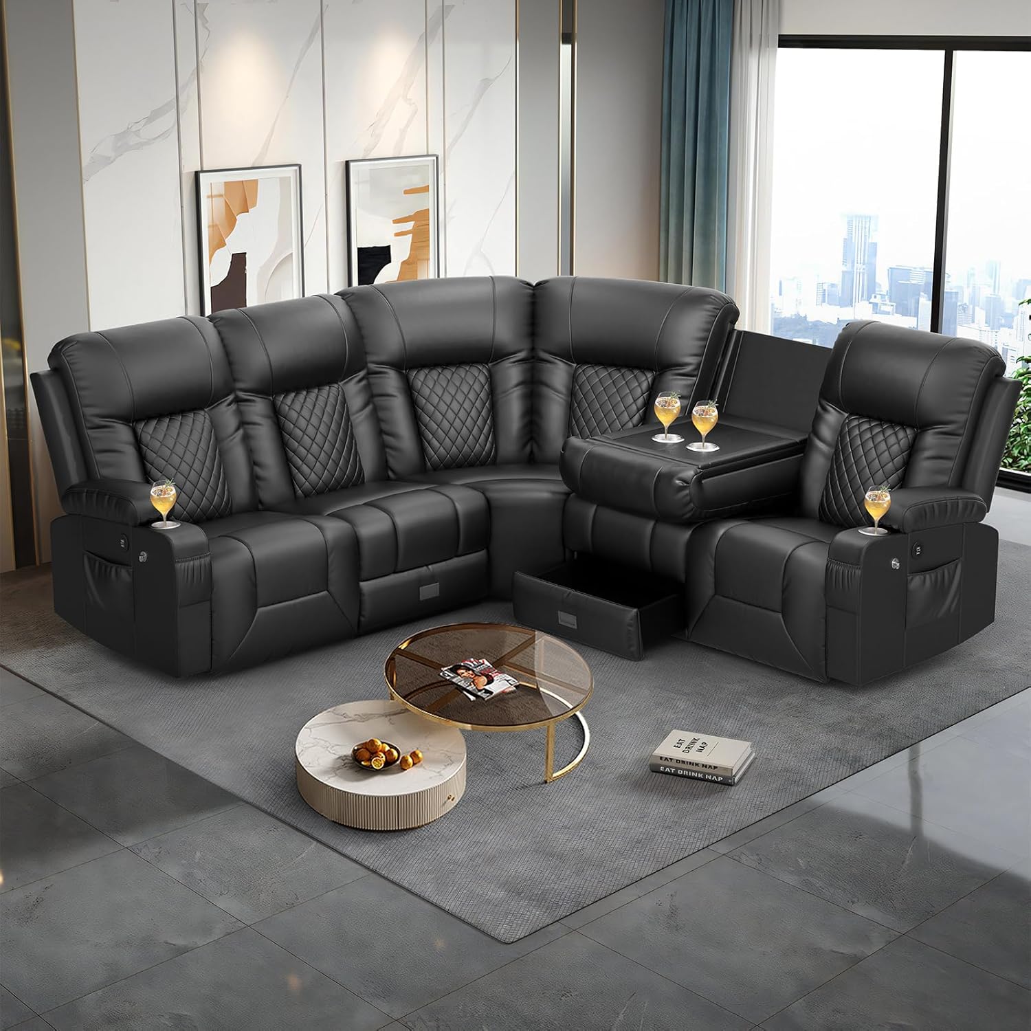 FURNIMAT Loveseat Recliner Sofa 2 Seater PU Leather Couch with USB Cup Holders