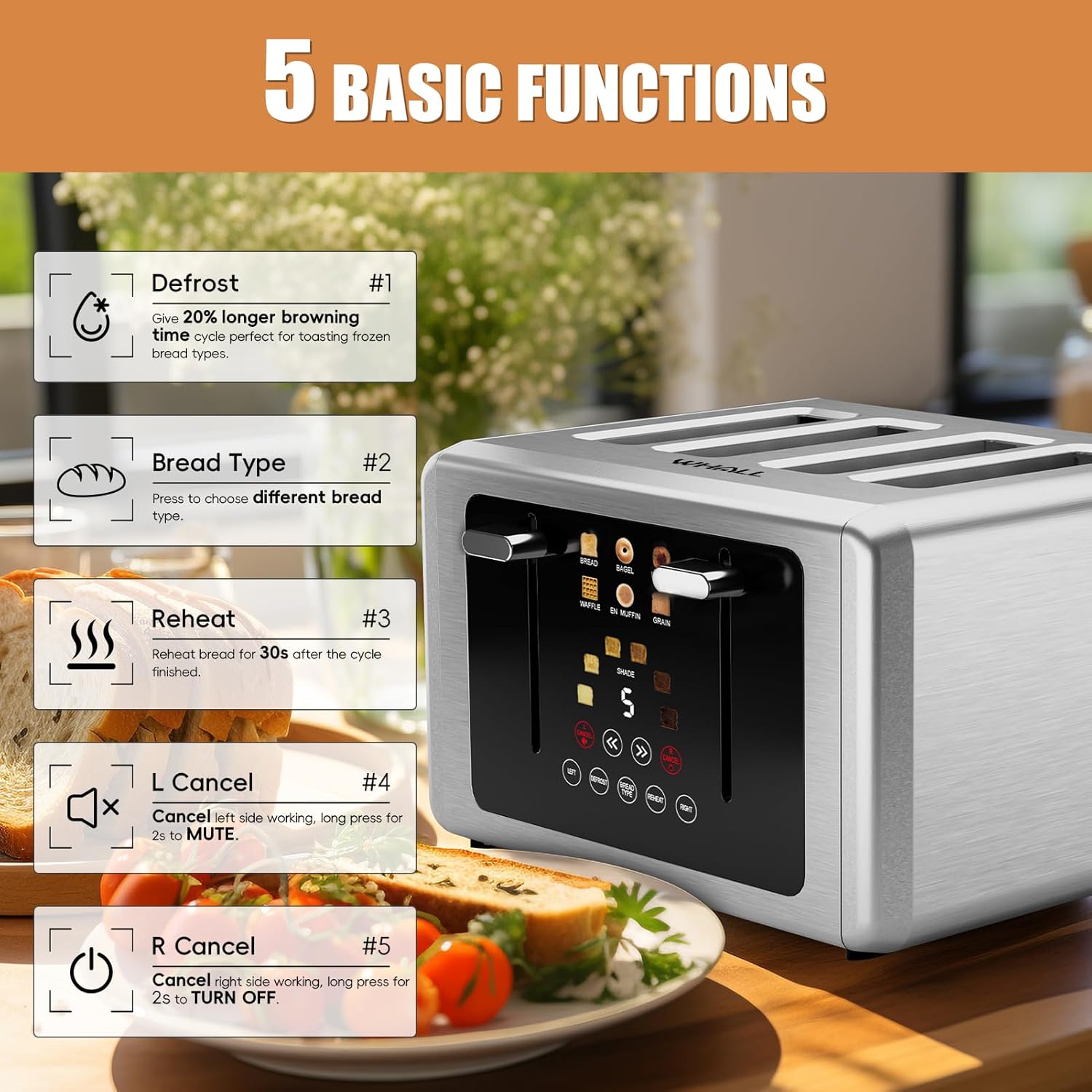 whall Digital Touch Screen Toaster 4 Slice Stainless Steel Dual Control Wide Slots