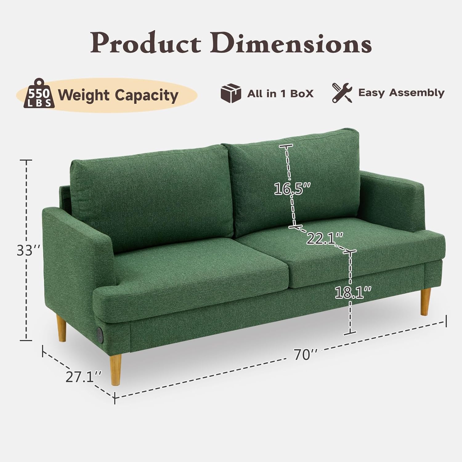 Loveseat Sofa Couch USB Ports 2 Seater Deep Seating Small Couch