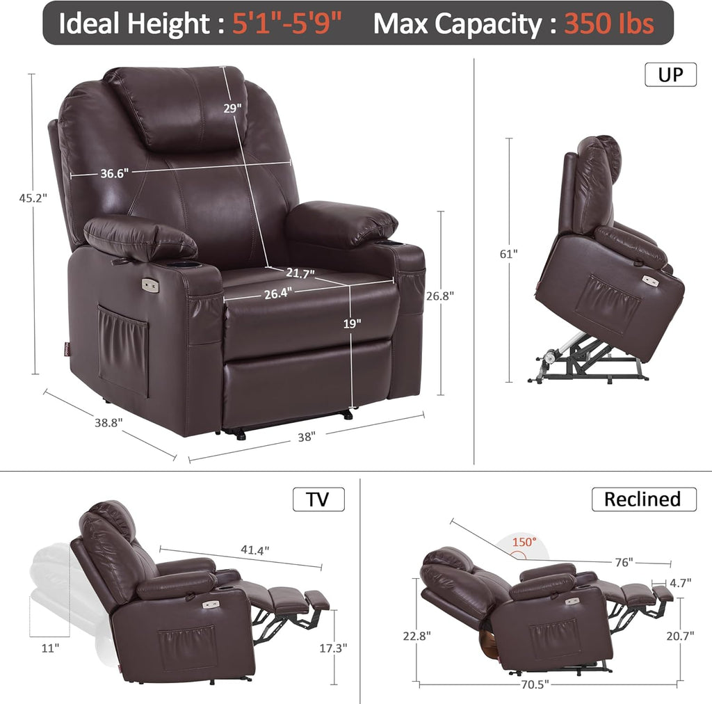 MCombo Electric Power Lift Recliner Massage Heat Chair for Elderly 3 Positions 2 Pockets USB