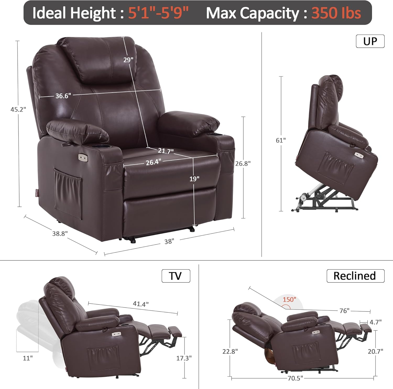 MCombo Electric Power Lift Recliner Massage Heat Chair for Elderly 3 Positions 2 Pockets USB
