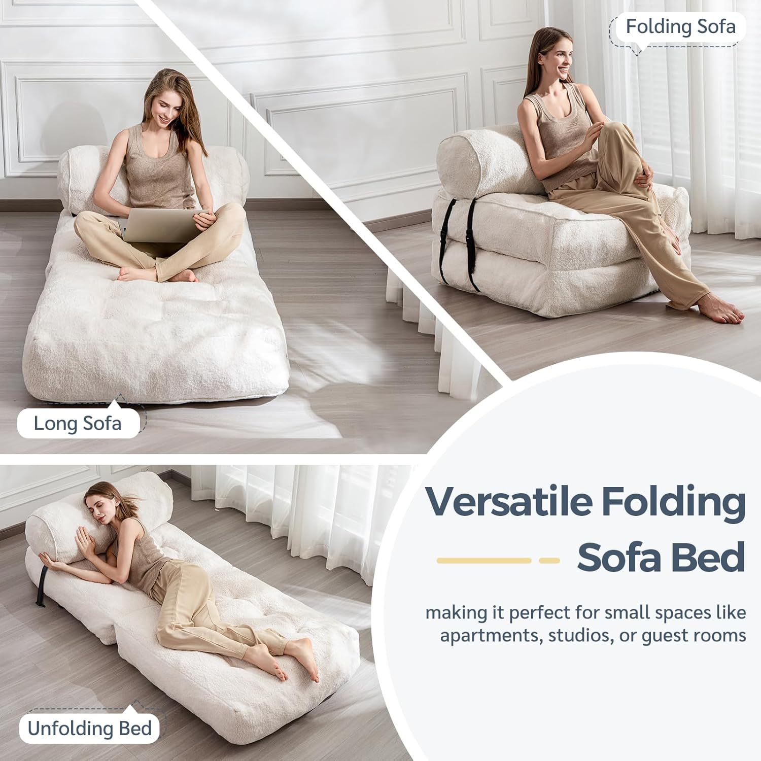 MAXYOYO Boucle Folding Sofa Bed Convertible Sleeper Chair with Pillow