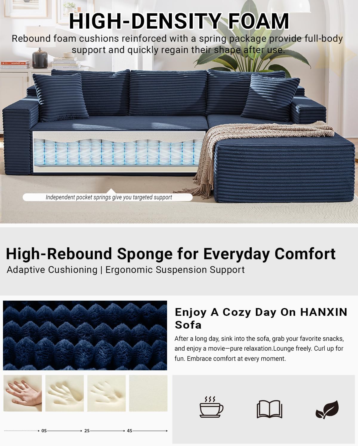 HANXIN Cloud Sectional Sofa L Shape Chaise Deep Seat Modular Living Room Couch